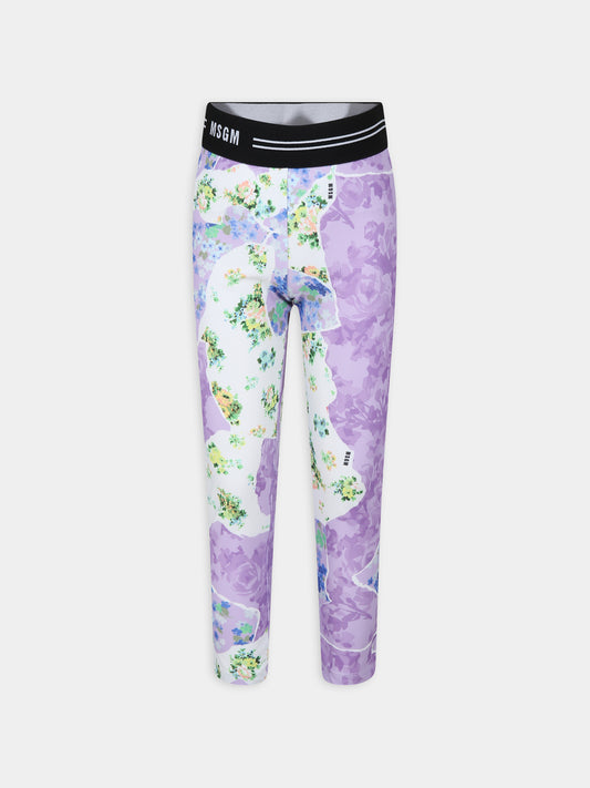 Leggings lilla per bambina con stampa fiori,Msgm Kids,MS029439 200