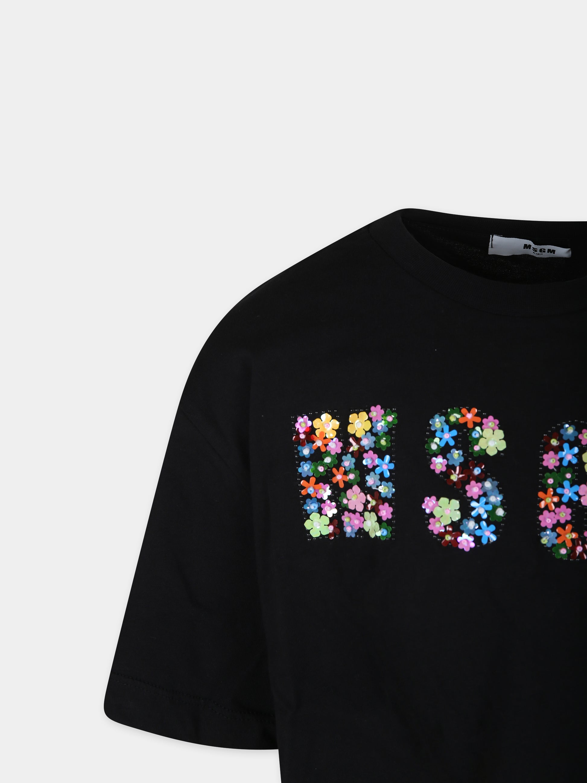 T-shirt crop nera per bambina con logo e perline,Msgm Kids,MS029455 110