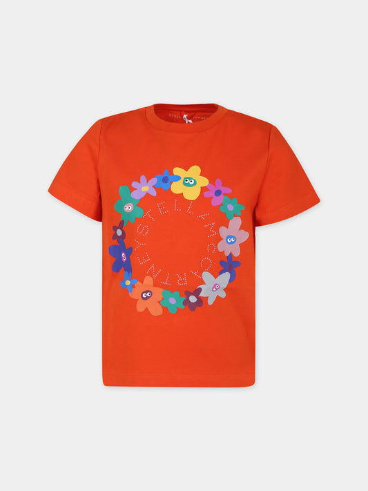 T-shirt arancione per bambina con fiori e logo,Stella Mccartney Kids,TT8B91 Z0434 437