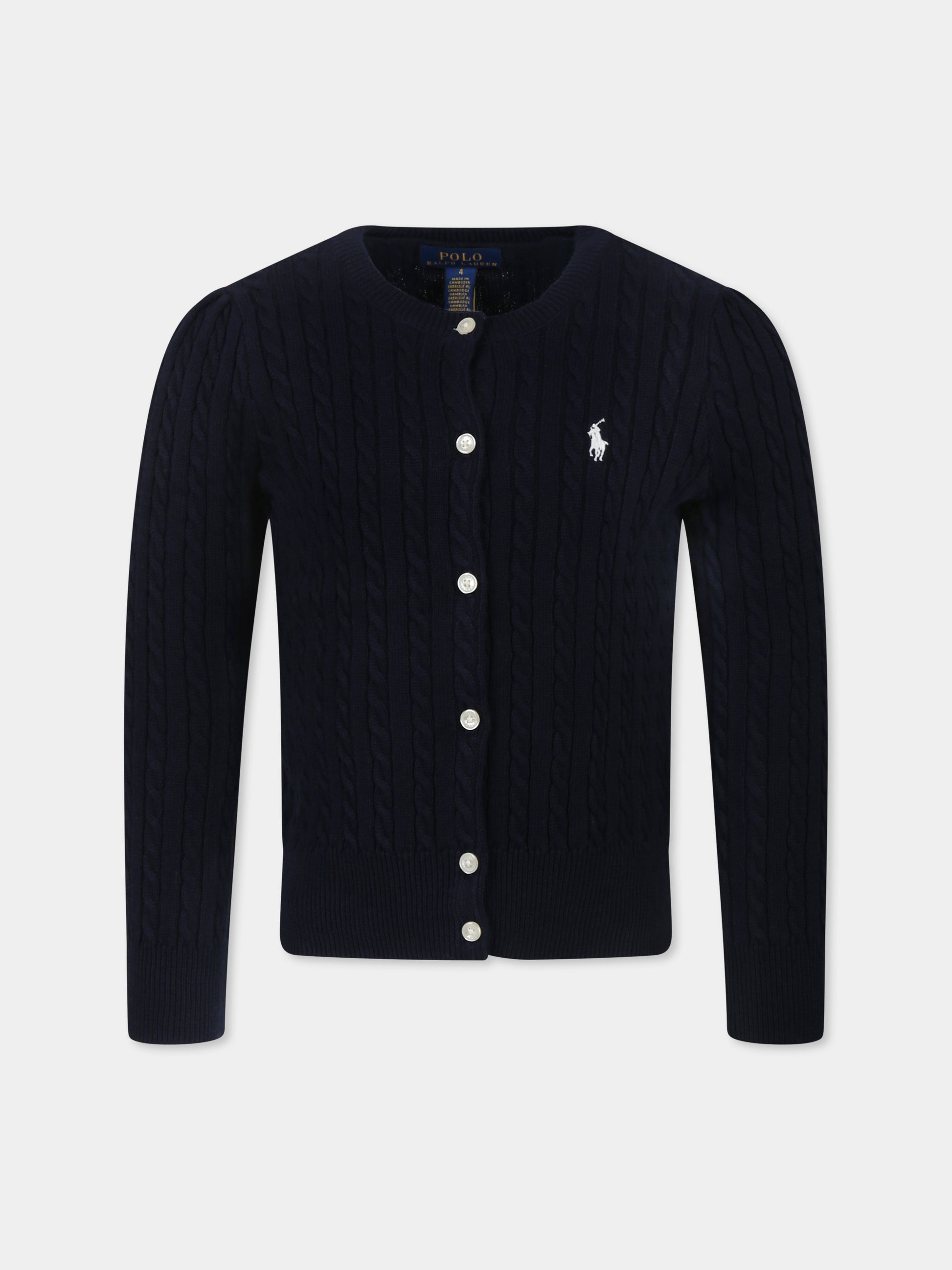 Cardigan blu per bambina con cavallino,Ralph Lauren Kids,543047011 HUNTER NAVY