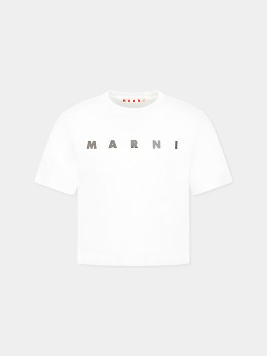 T-shirt bianca crop per bambina con logo argentato metallizzato,Marni Kids,M01317 M00HZ MT256F 0M100