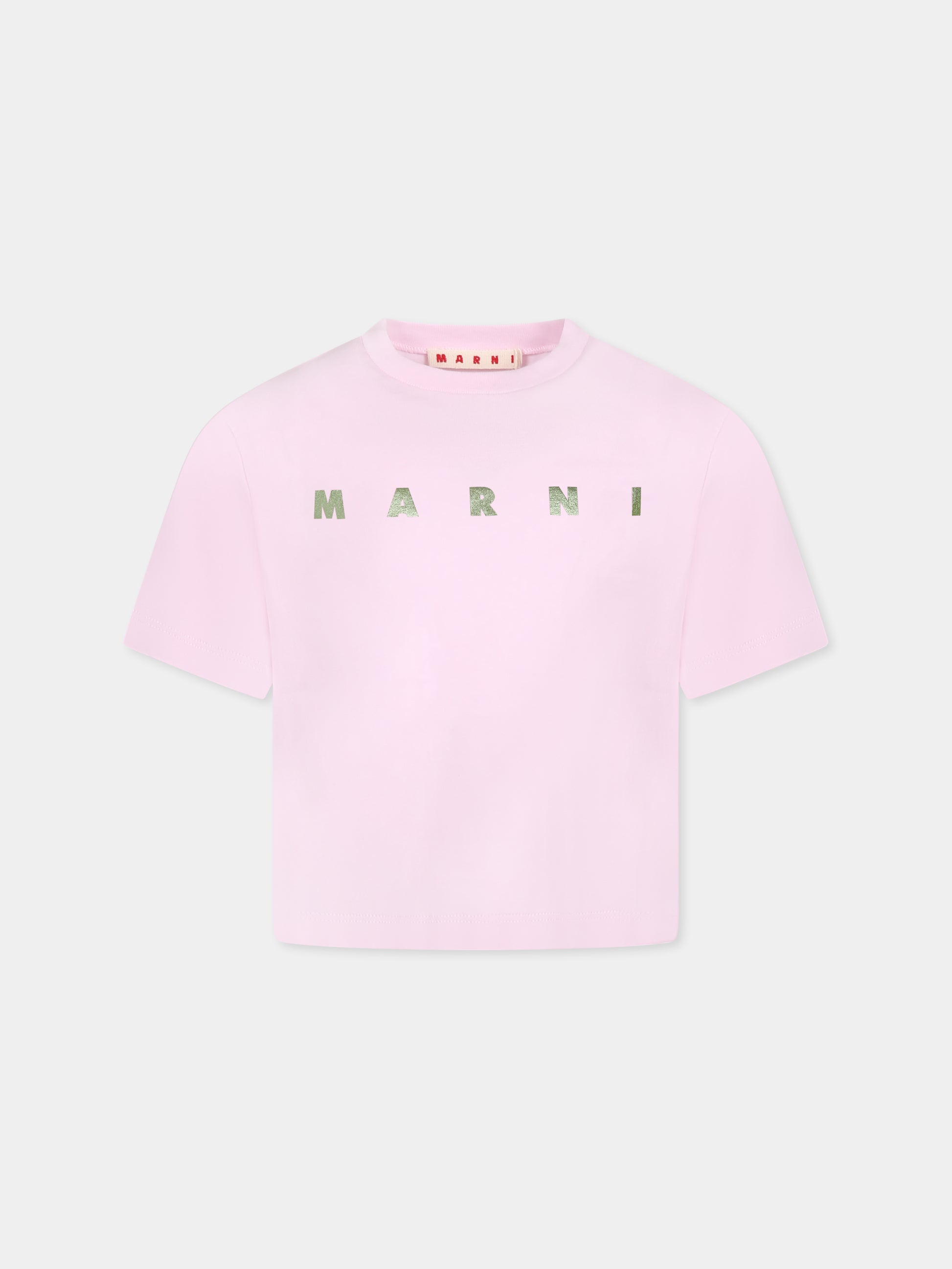 T-shirt rosa crop per bambina con logo verde metallizzato,Marni Kids,M01317 M00HZ MT256F 0M347