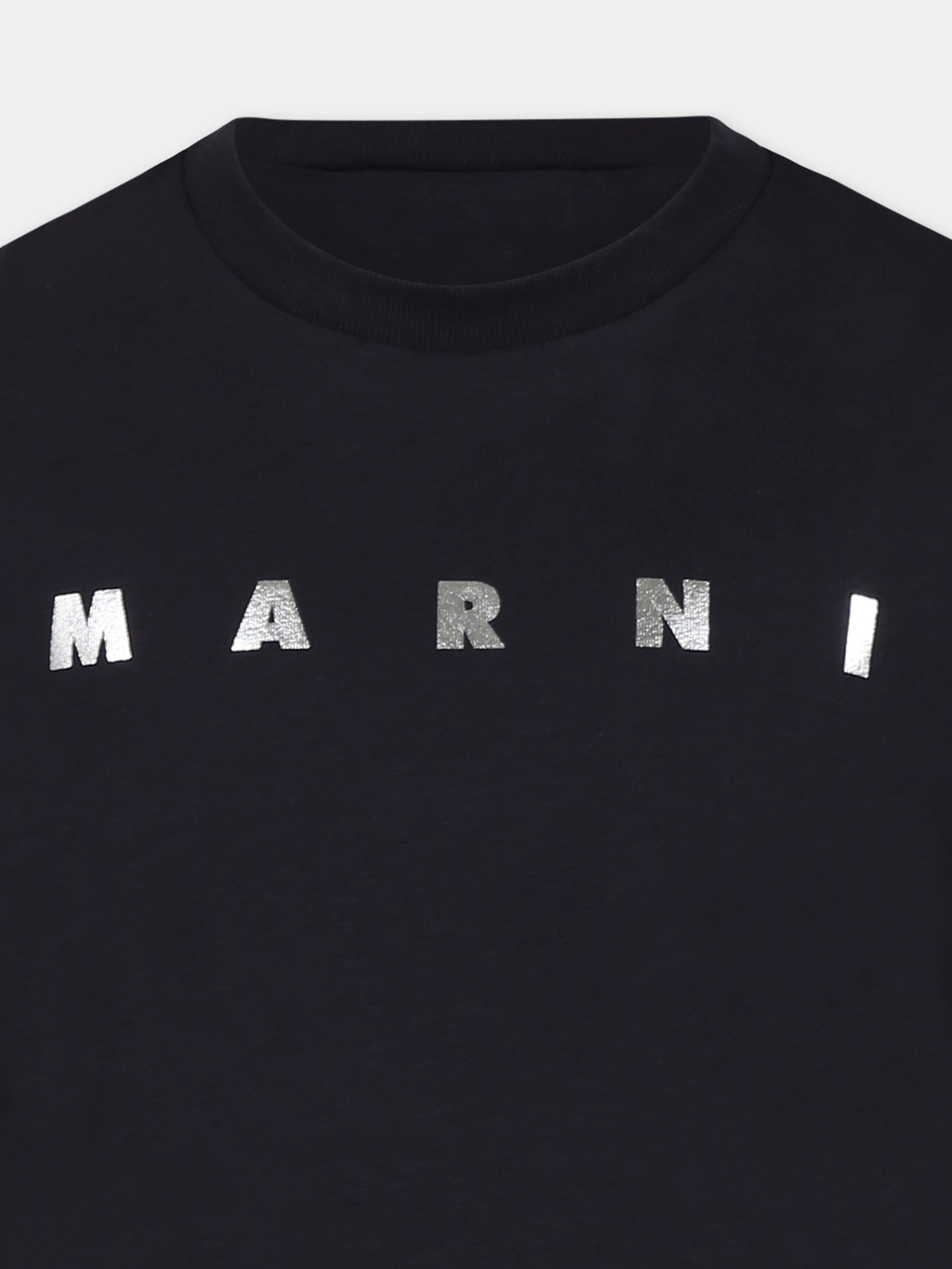 T-shirt blu crop per bambina con logo argentato metallizzato,Marni Kids,M01317 M00HZ MT256F 0M803