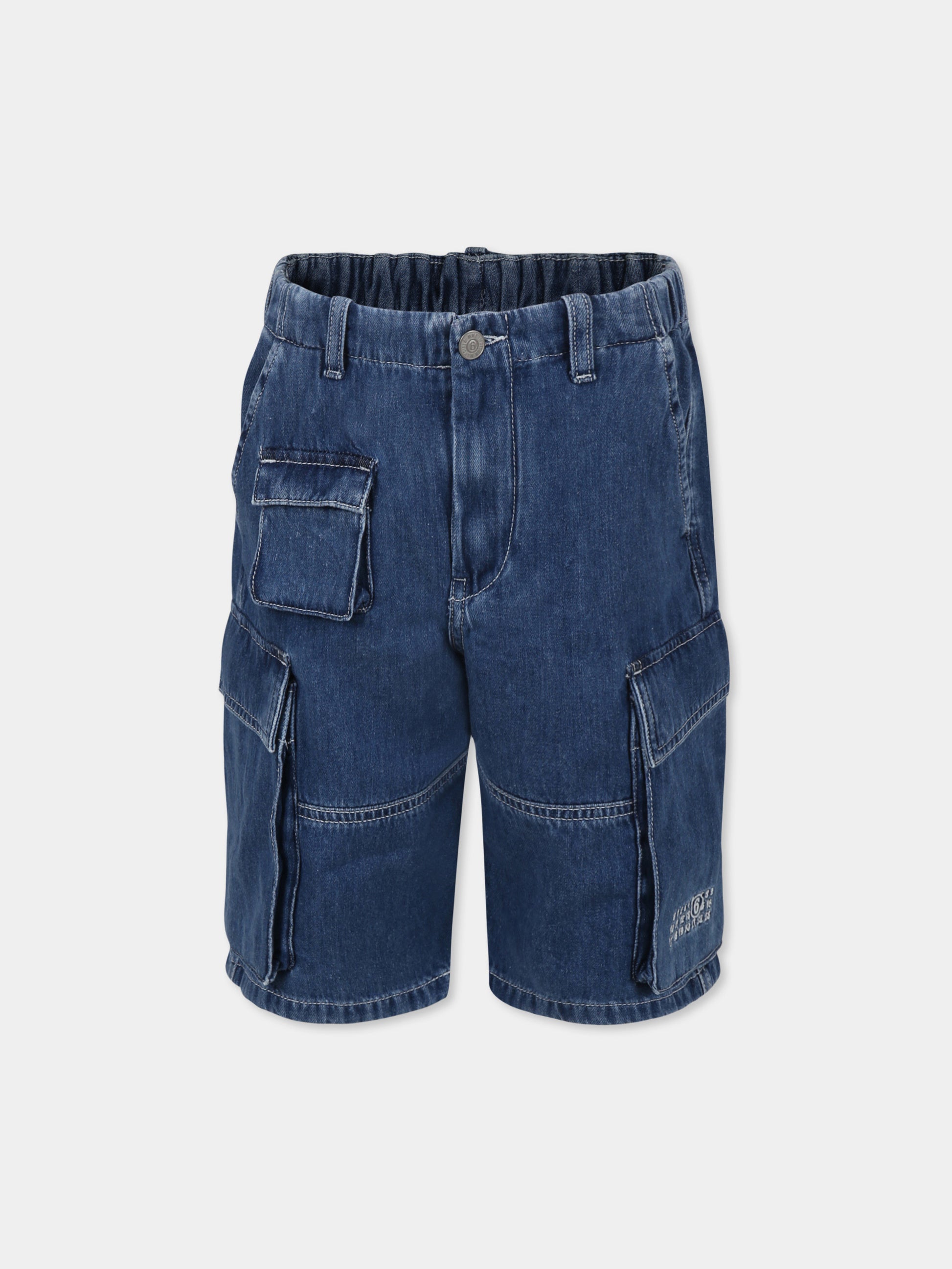 Shorts cargo blu per bambini con logo bianco ricamato,Mm6 Maison Margiela,M60745 MM05F MM6P169U M601