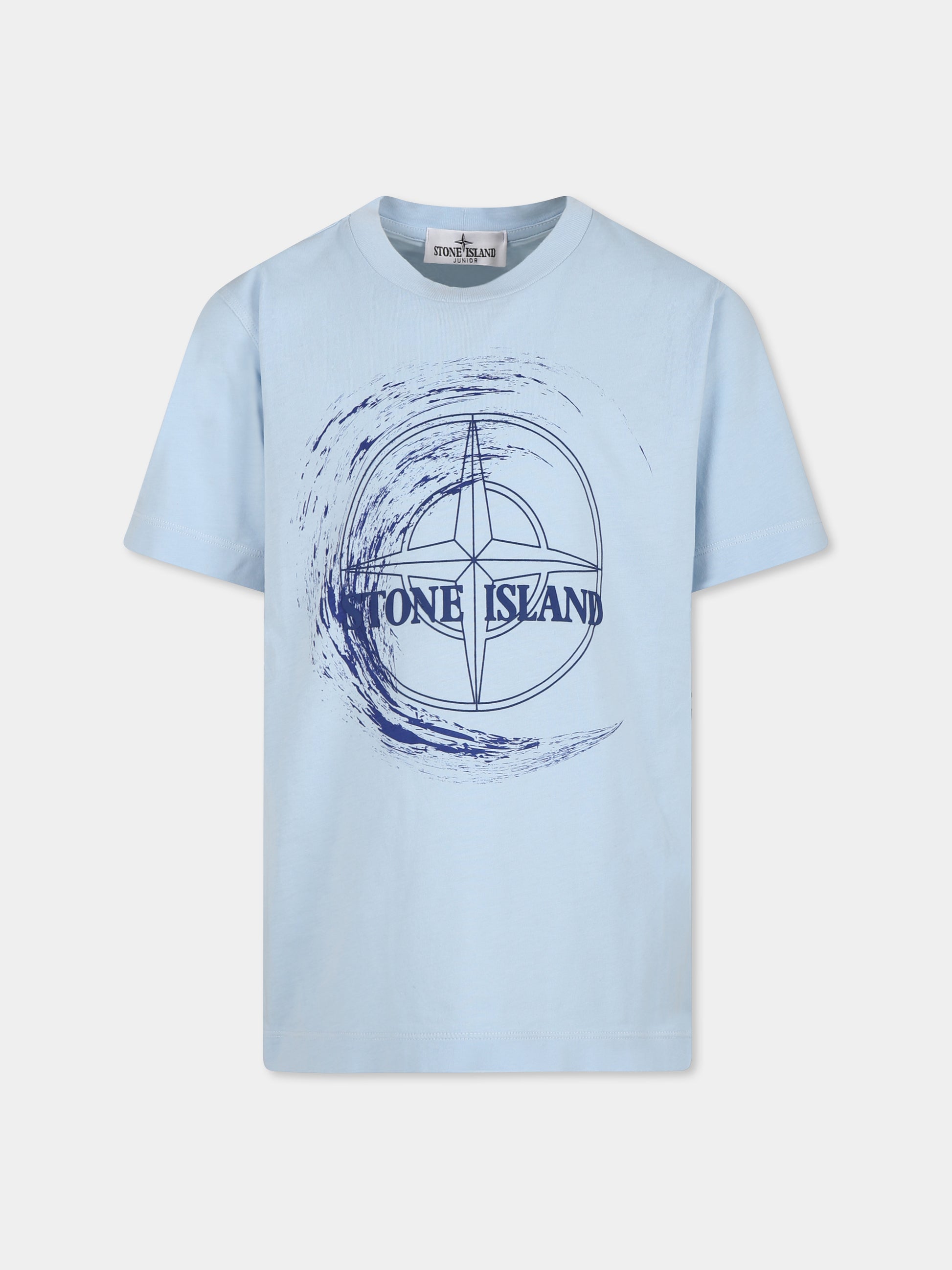 T-shirt celeste per bambino con logo e bussola,Stone Island Junior,801621072 V0040
