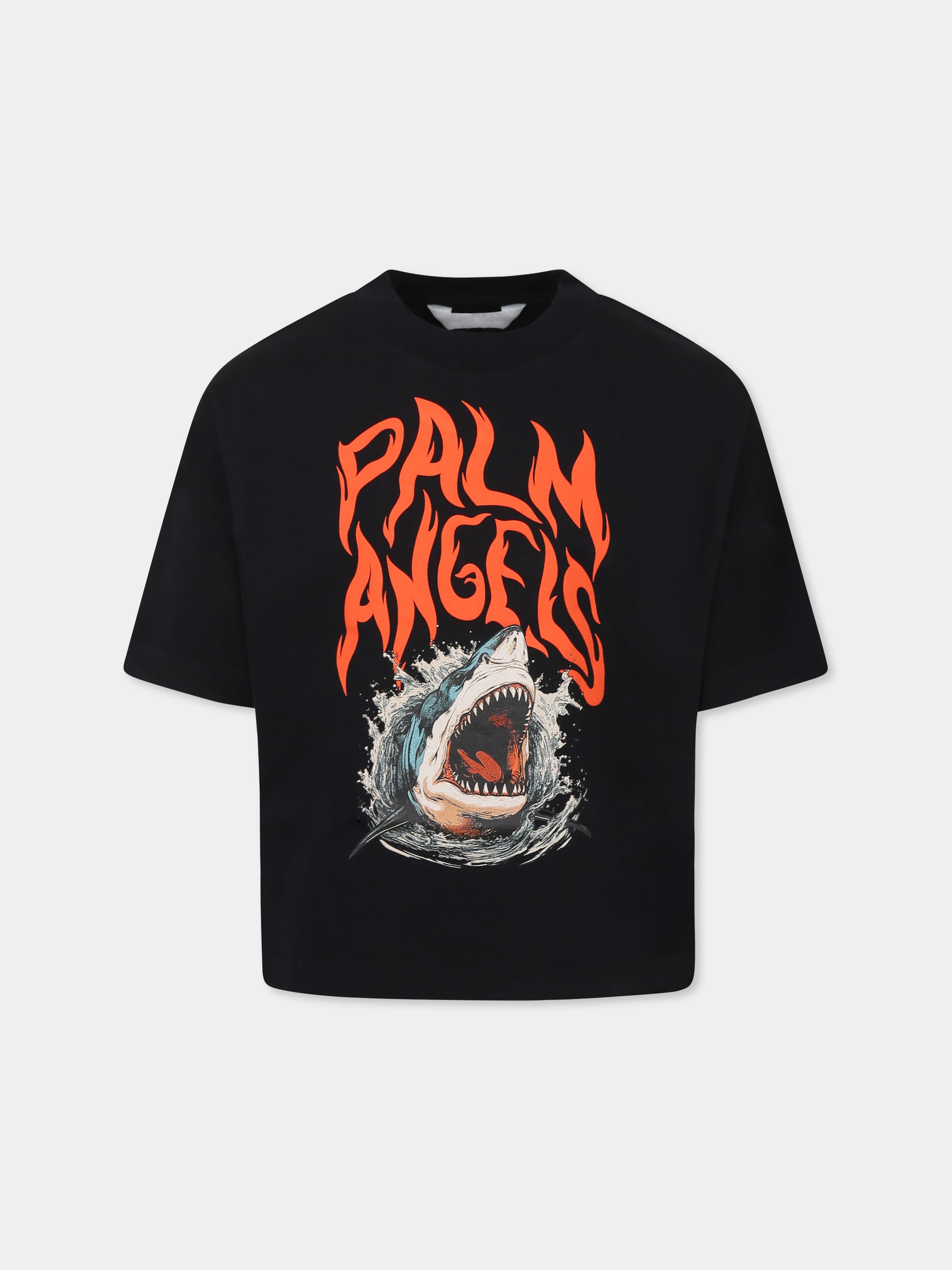 T-shirt nera per bambino con squalo e logo,Palm Angels,PBAA002S25JER0031020