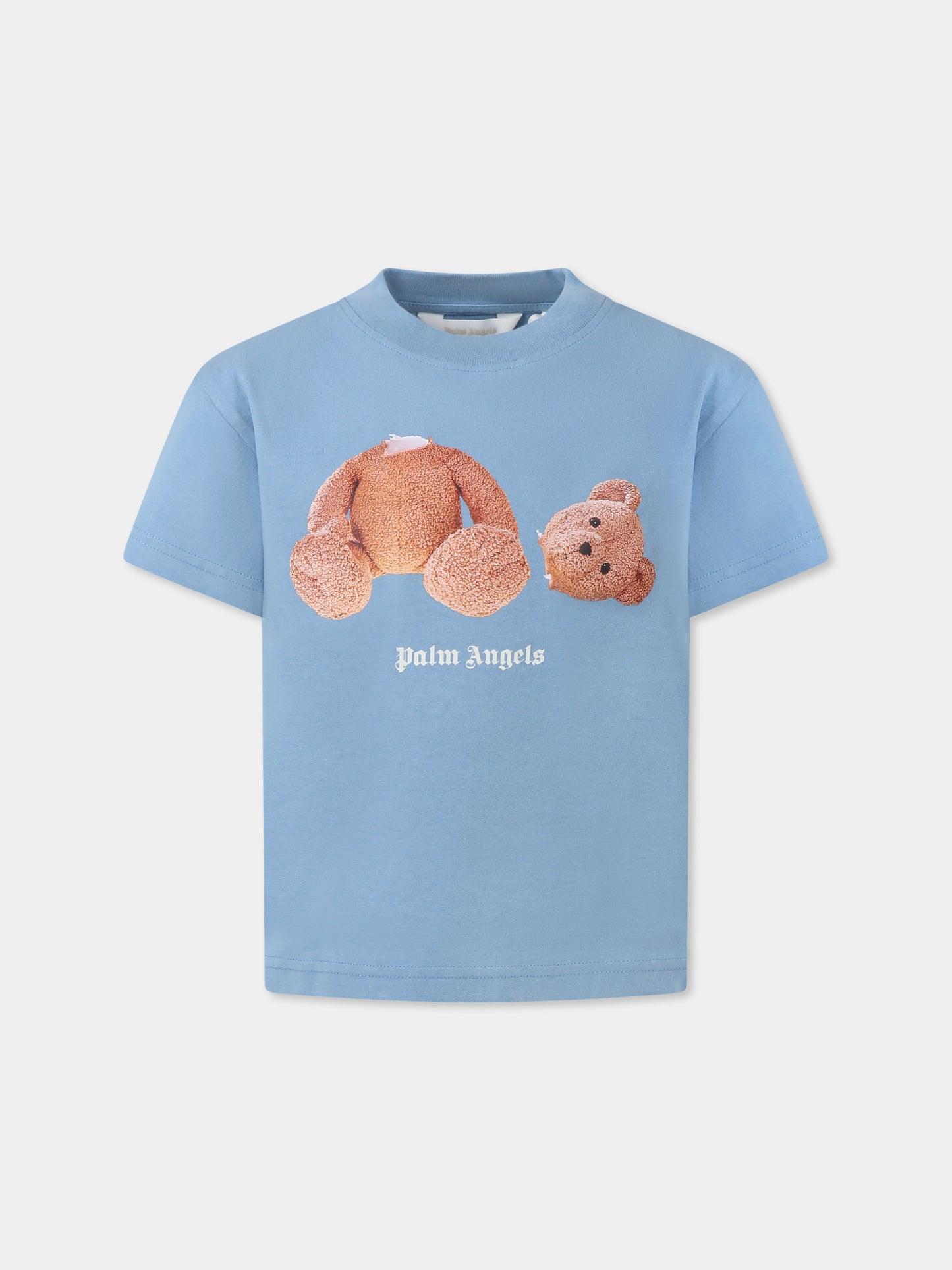 T-shirt celeste per bambino con orso,Palm Angels,PBAA003C99JER0064260