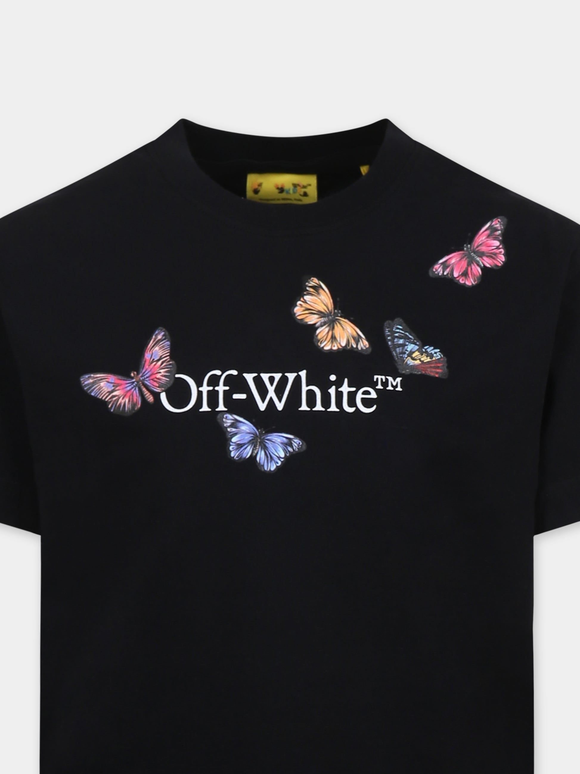 T-shirt nera per bambina con logo e farfalle,Off White,OGAA001S25JER0031001