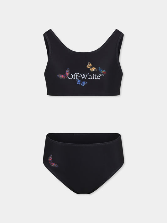 Bikini nero per bambina con logo e farfalle,Off White,OGFA014S25JER0011001