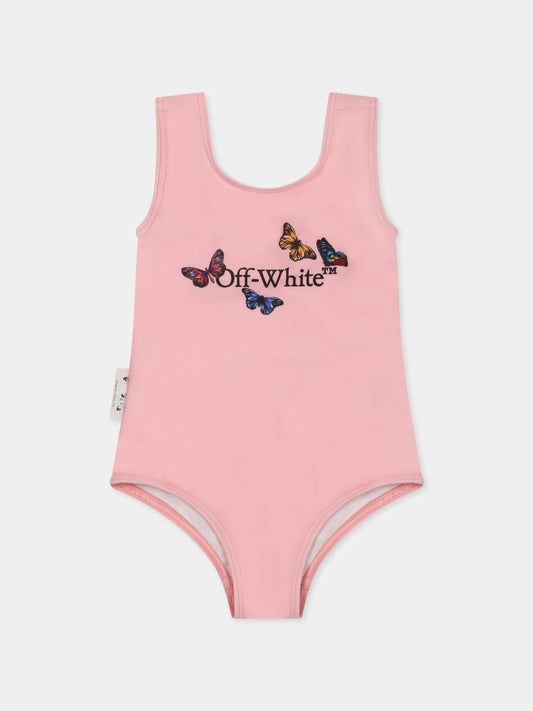 Costume intero rosa per neonata con logo e farfalle,Off White,OGX6002S25JER0013010