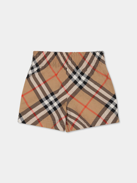 Beige swim shorts for baby boy with vintage check