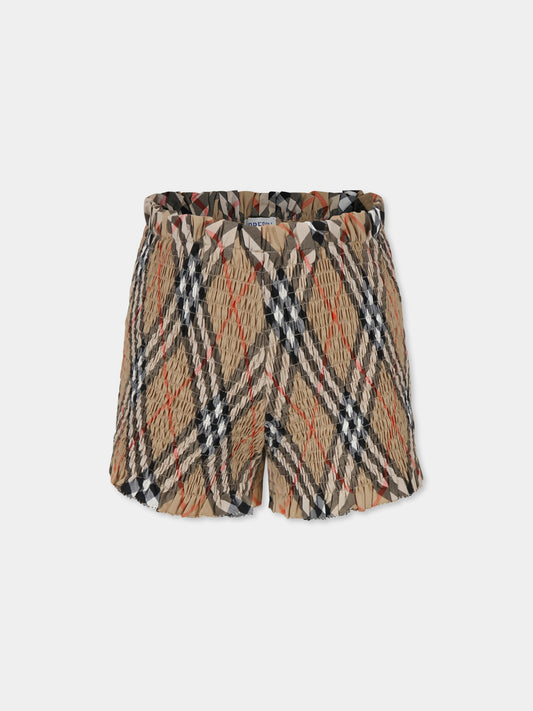Shorts beige per bambina con check vintage,Burberry Kids,8100074 B9368