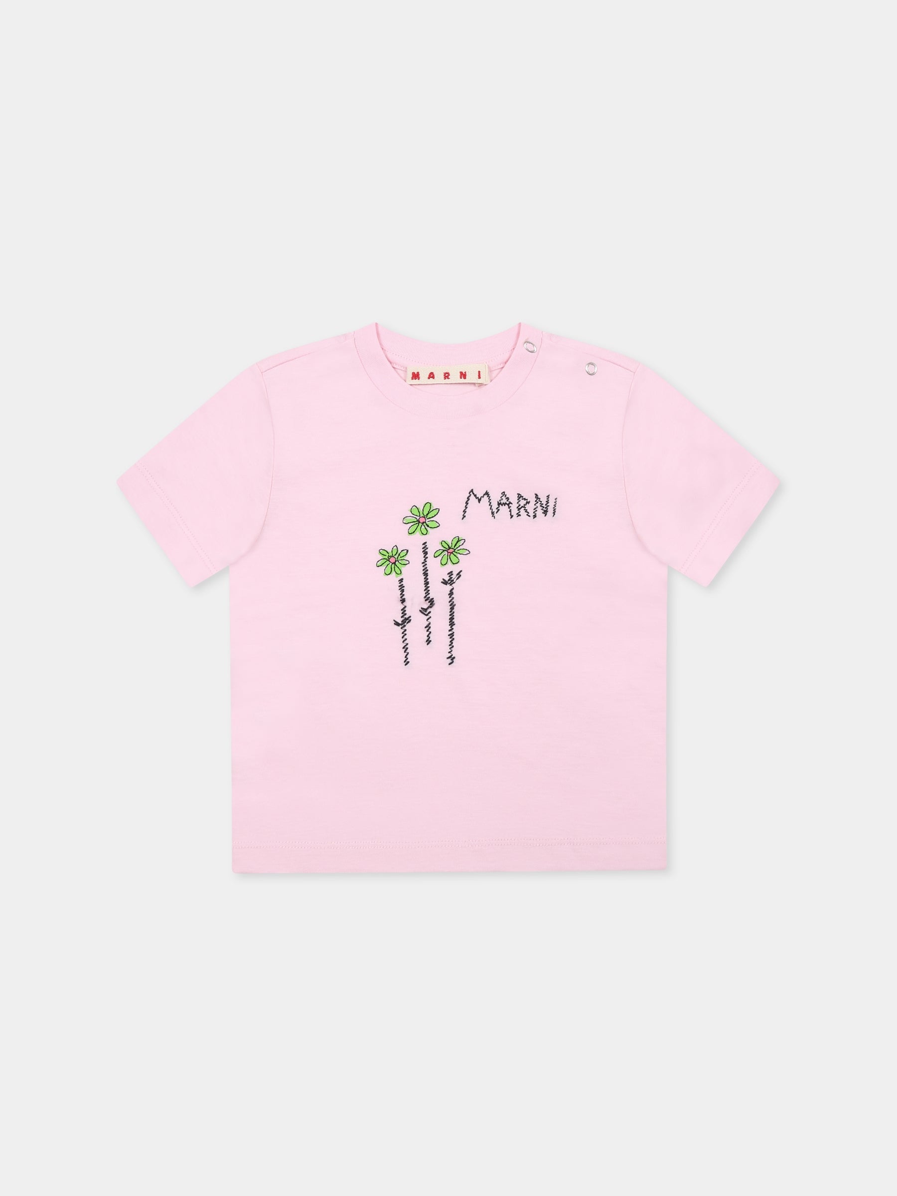 T-shirt rosa per neonata con logo e fiori,Marni Kids,M01435 M00RF MT262B 0M347