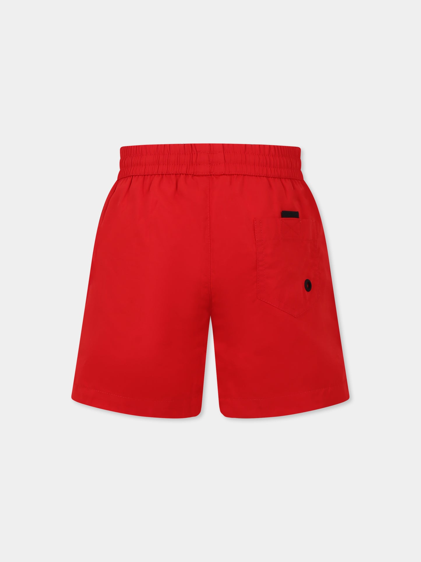 Red swim shorts for boy with logo
