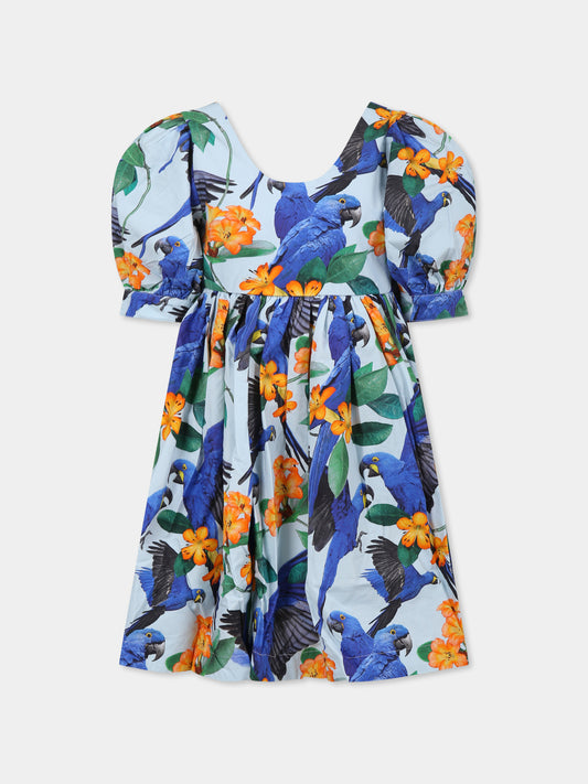 Vestito Camilo celeste per bambina con pappagalli e fiori,Molo,2S25E118 9266