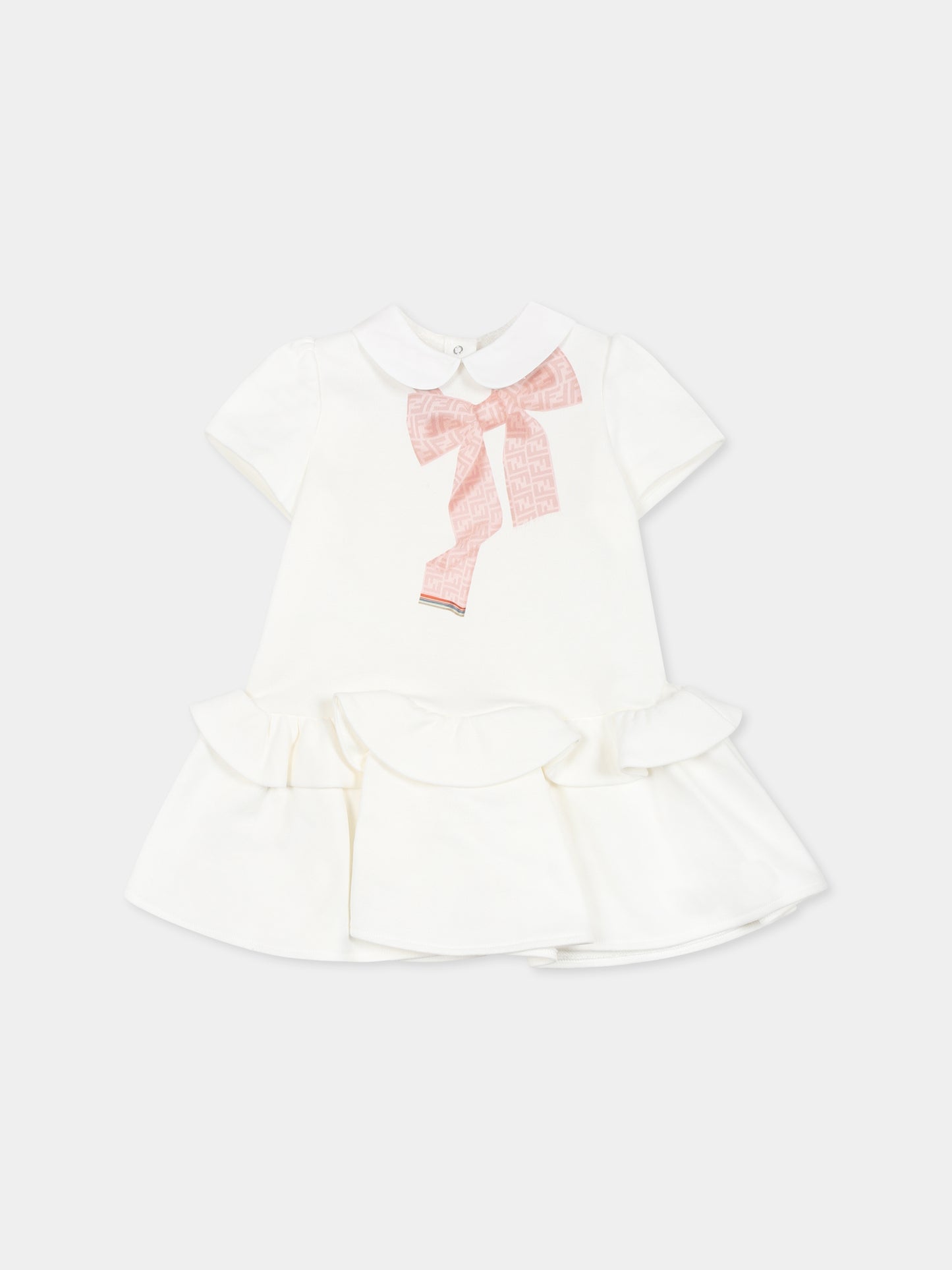 Vestito bianco per neonata con fiocco e FF,Fendi Kids,BFB538 5V0 F0TU9