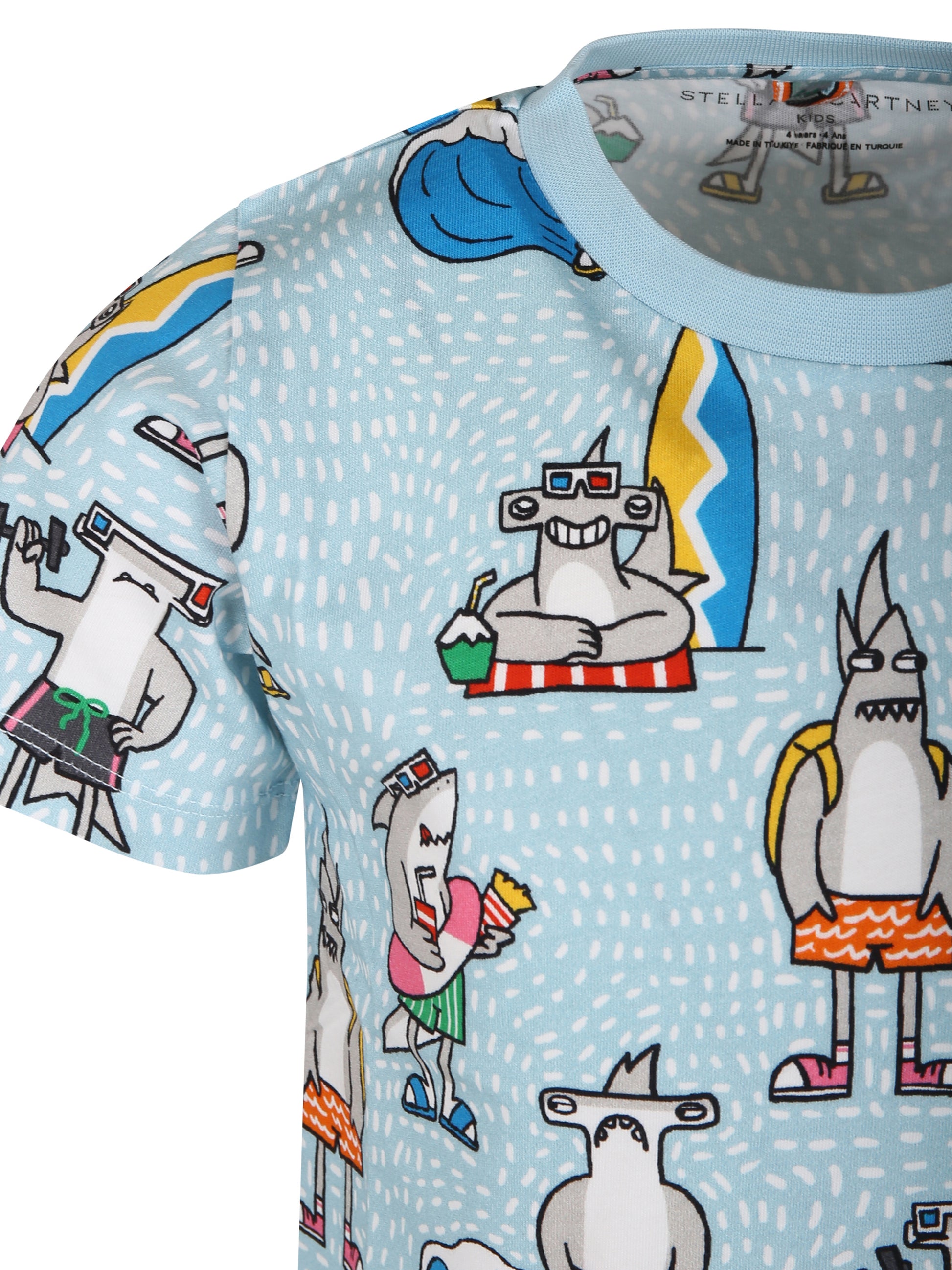 T-shirt celeste per bambino con stampa squali,Stella Mccartney Kids,TU8Q31 Z1744 682MC