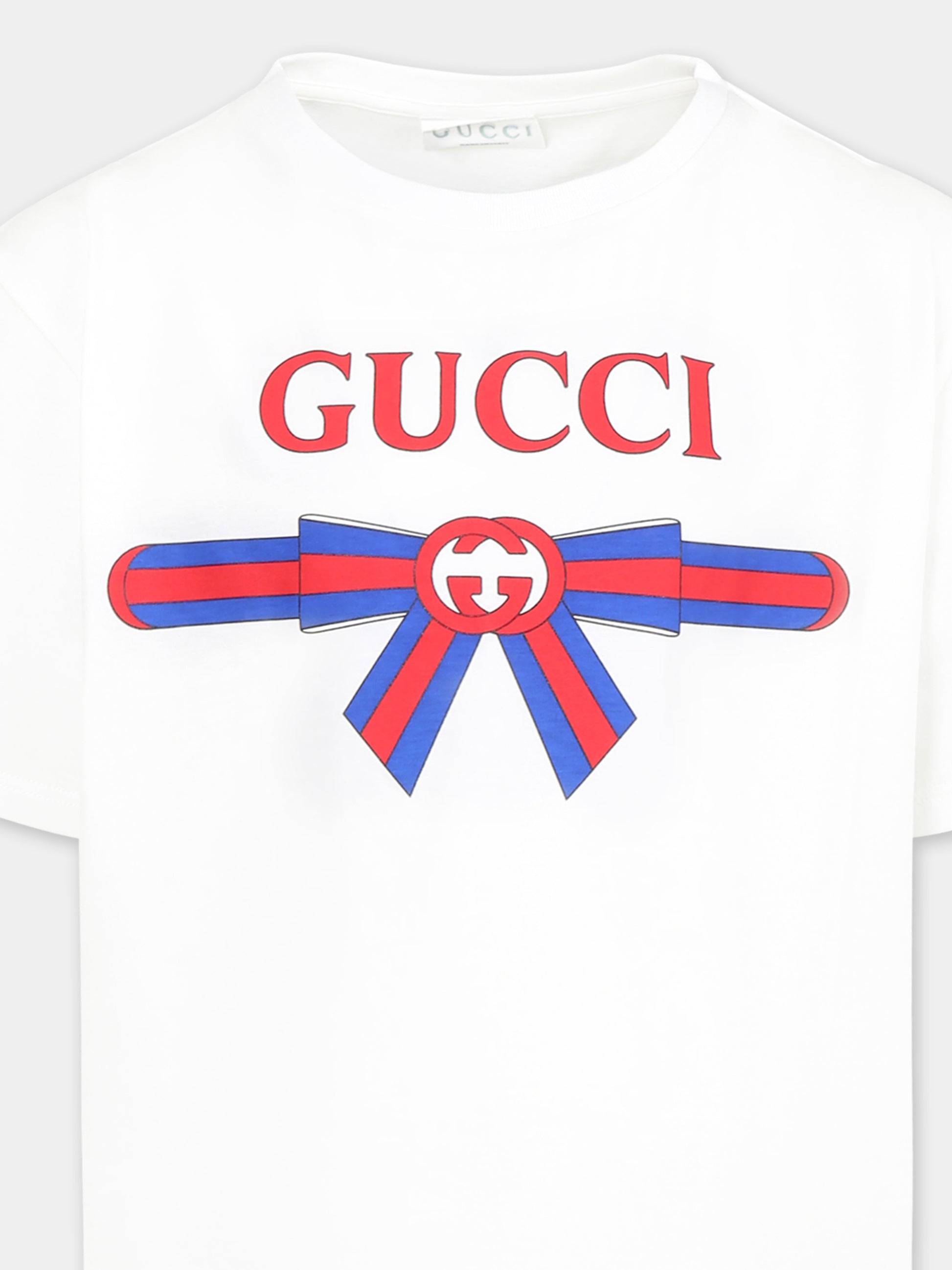 T-shirt bianca per bambina con incrocio GG e fiocco Web,Gucci Kids,610190 XJG0K 9214