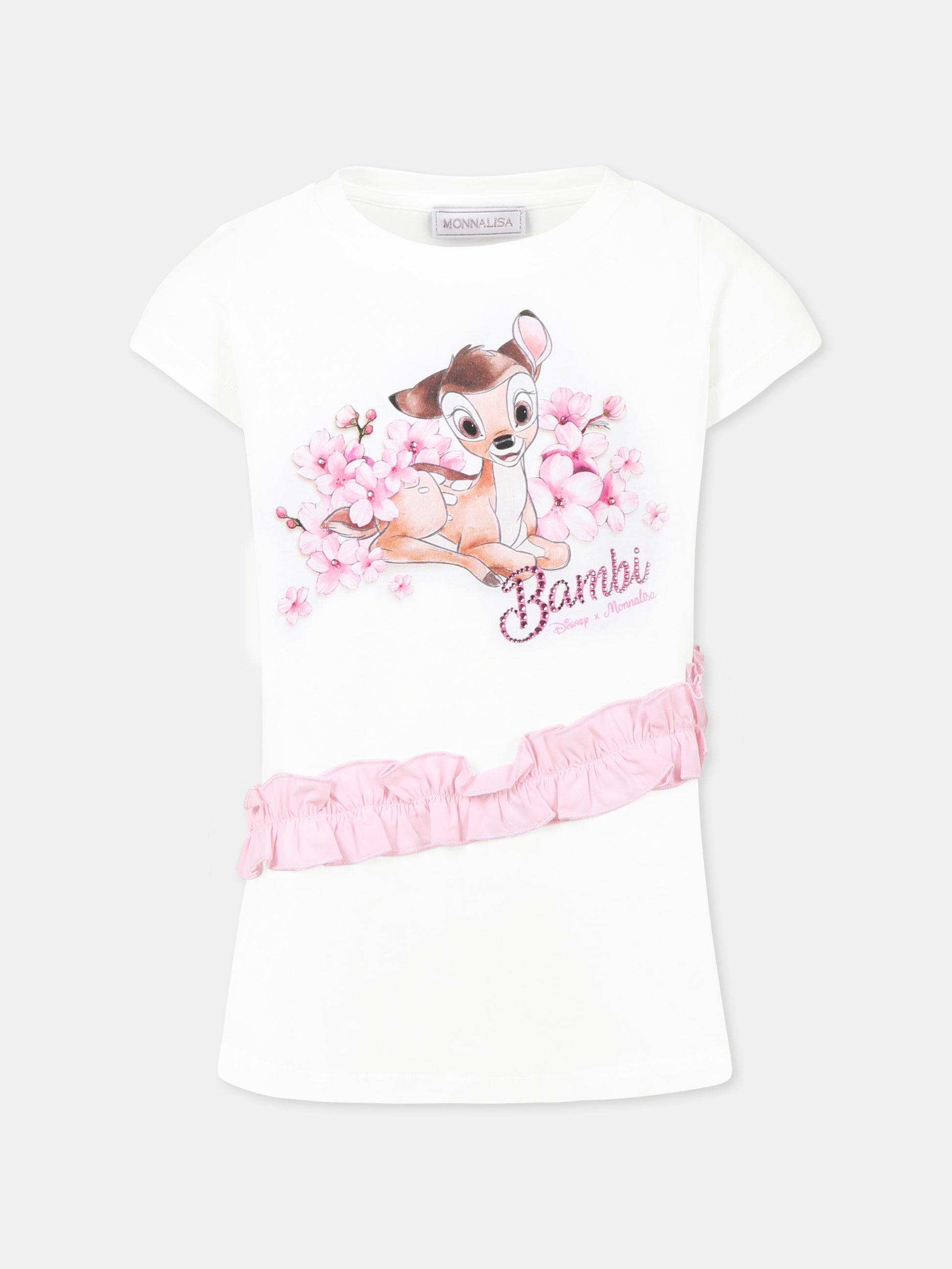 T-shirt bianca per bambina con Bambi e stampa floreale,Monnalisa,19E606 5002 9990