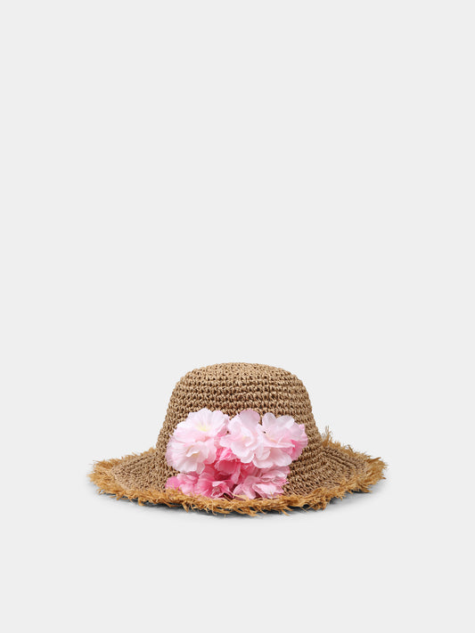 Cappello di paglia marrone per bambina con fiori di pesco,Monnalisa,19E065 5097 0003