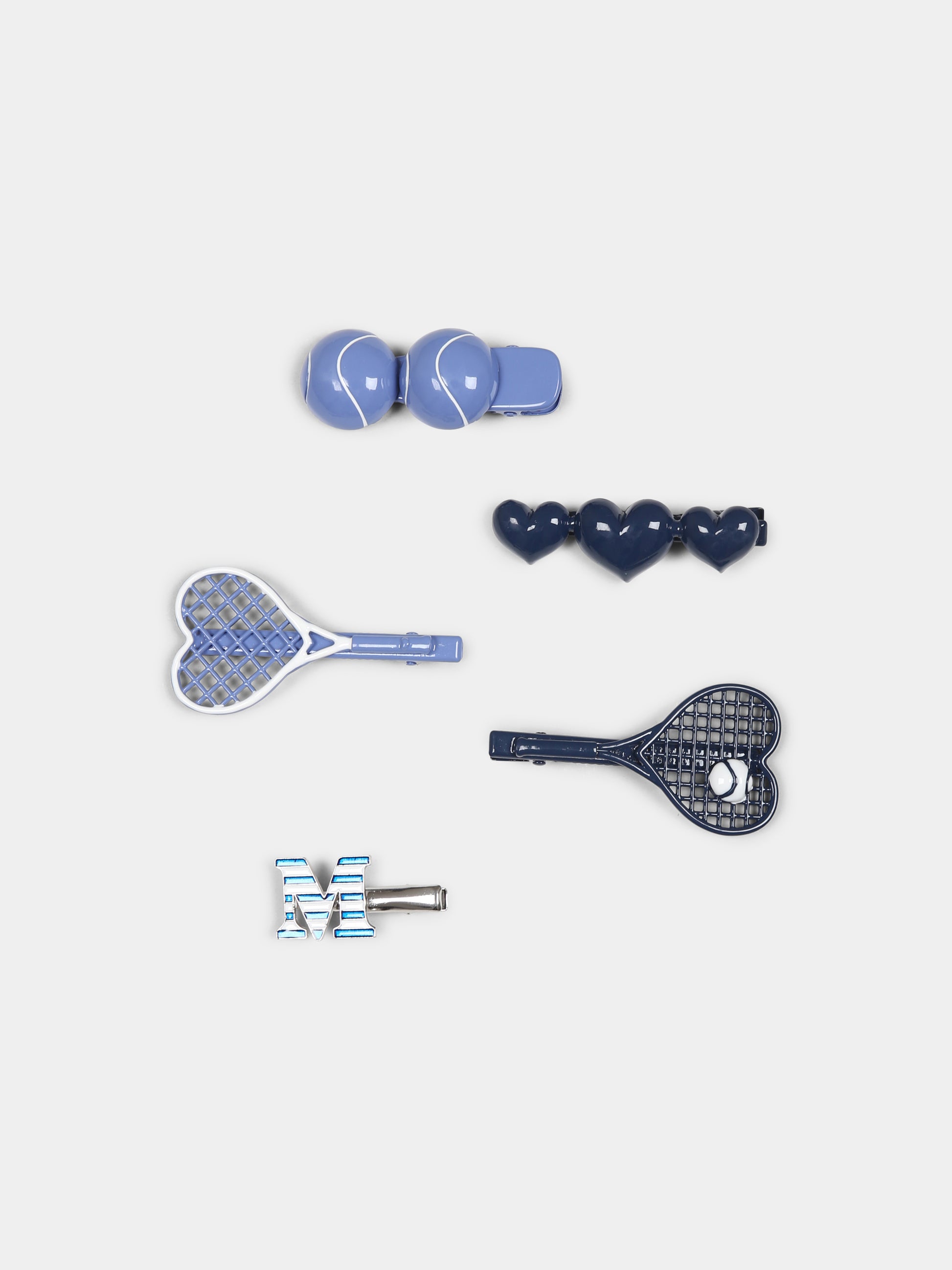 Set fermagli blu per bambina con logo e racchetta da tennis,Monnalisa,19E009 5075 0056