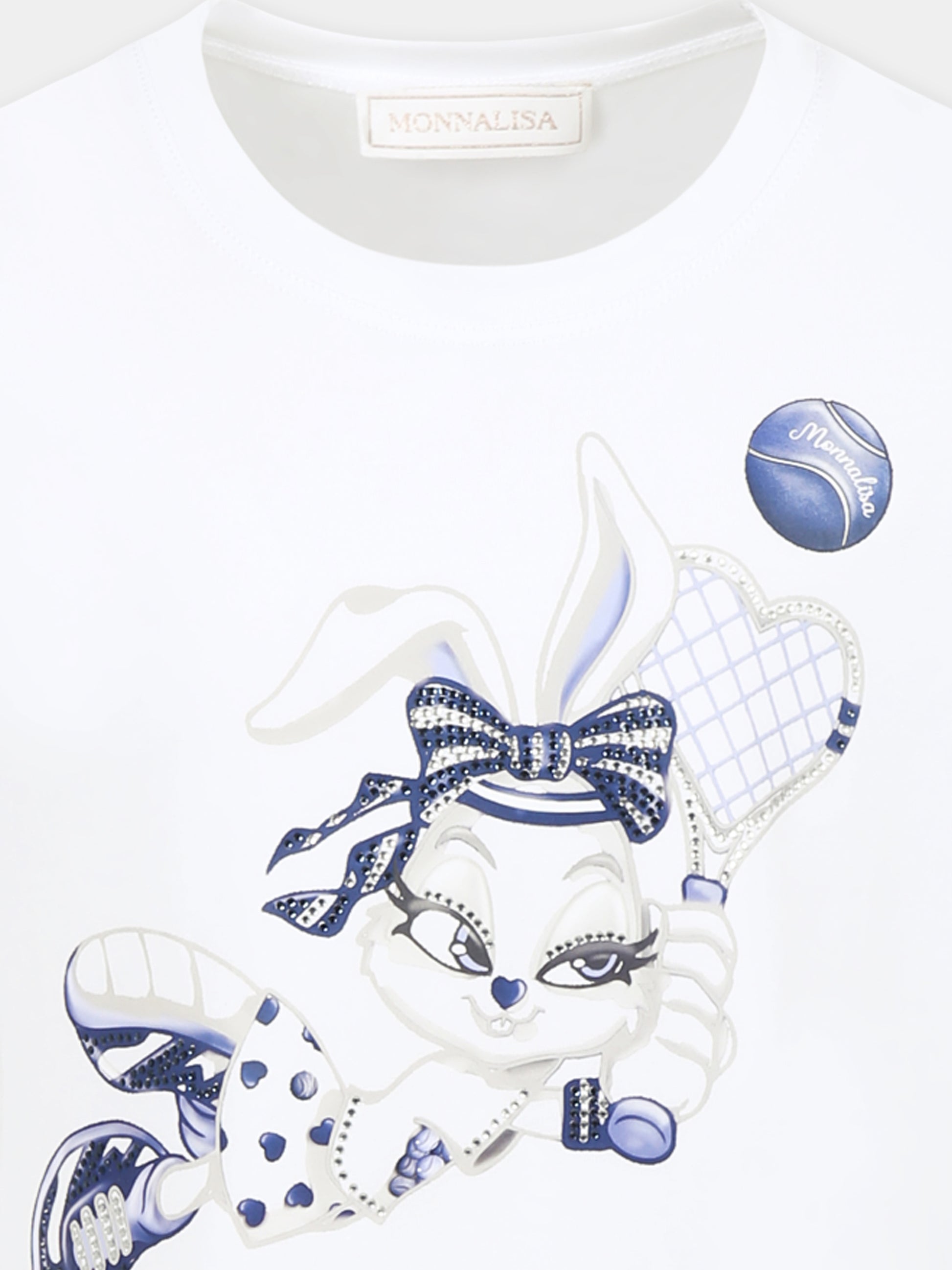 Vestito bianco per bambina con coniglietta e strass,Monnalisa,19E916 5014 9956