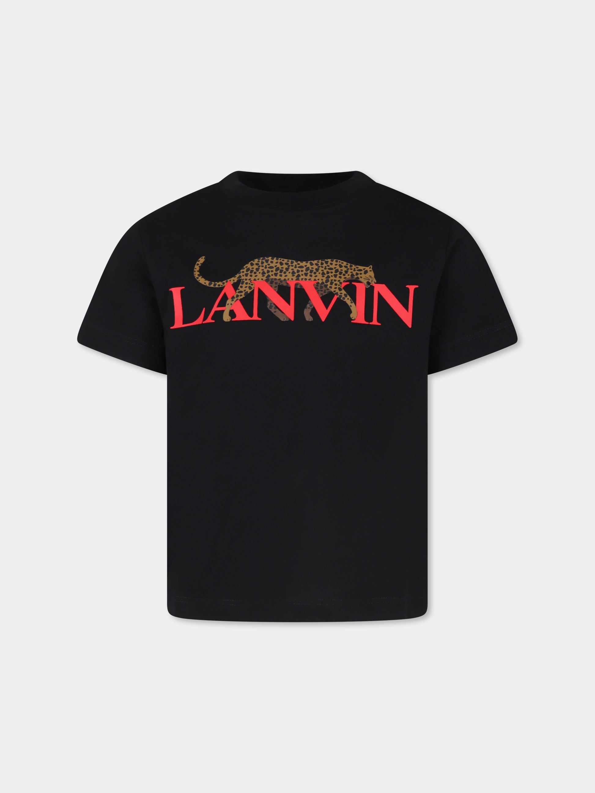 T-shirt nera per bambino con stampa leopardo e logo,Lanvin Petite,N25146 09B