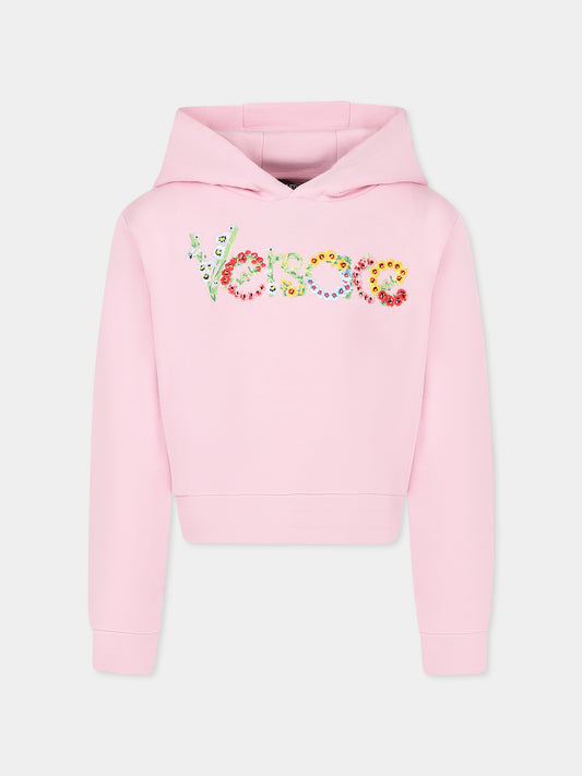 Pink crop sweatshirt for girl with embroidered flower logo