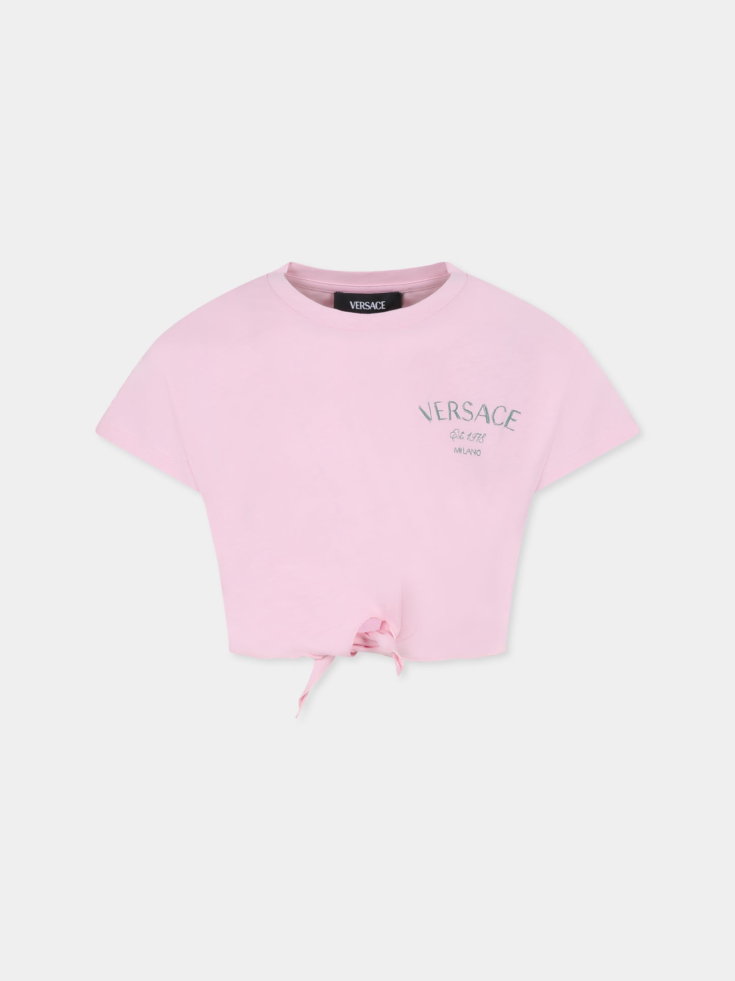 T-shirt crop rosa per bambina con logo e Medusa,Versace,1018184 1A13083 2PX10