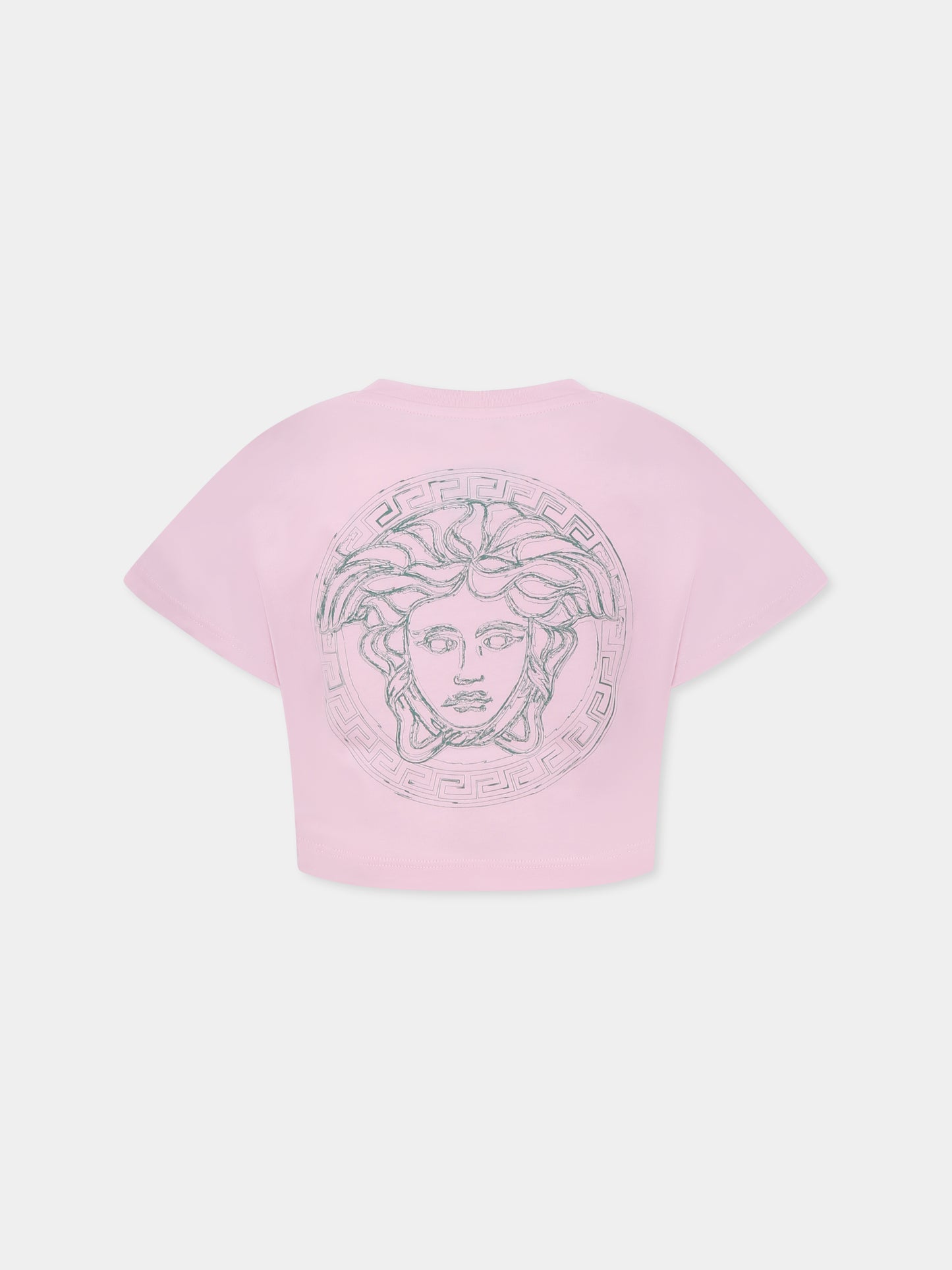 T-shirt crop rosa per bambina con logo e Medusa,Versace,1018184 1A13083 2PX10
