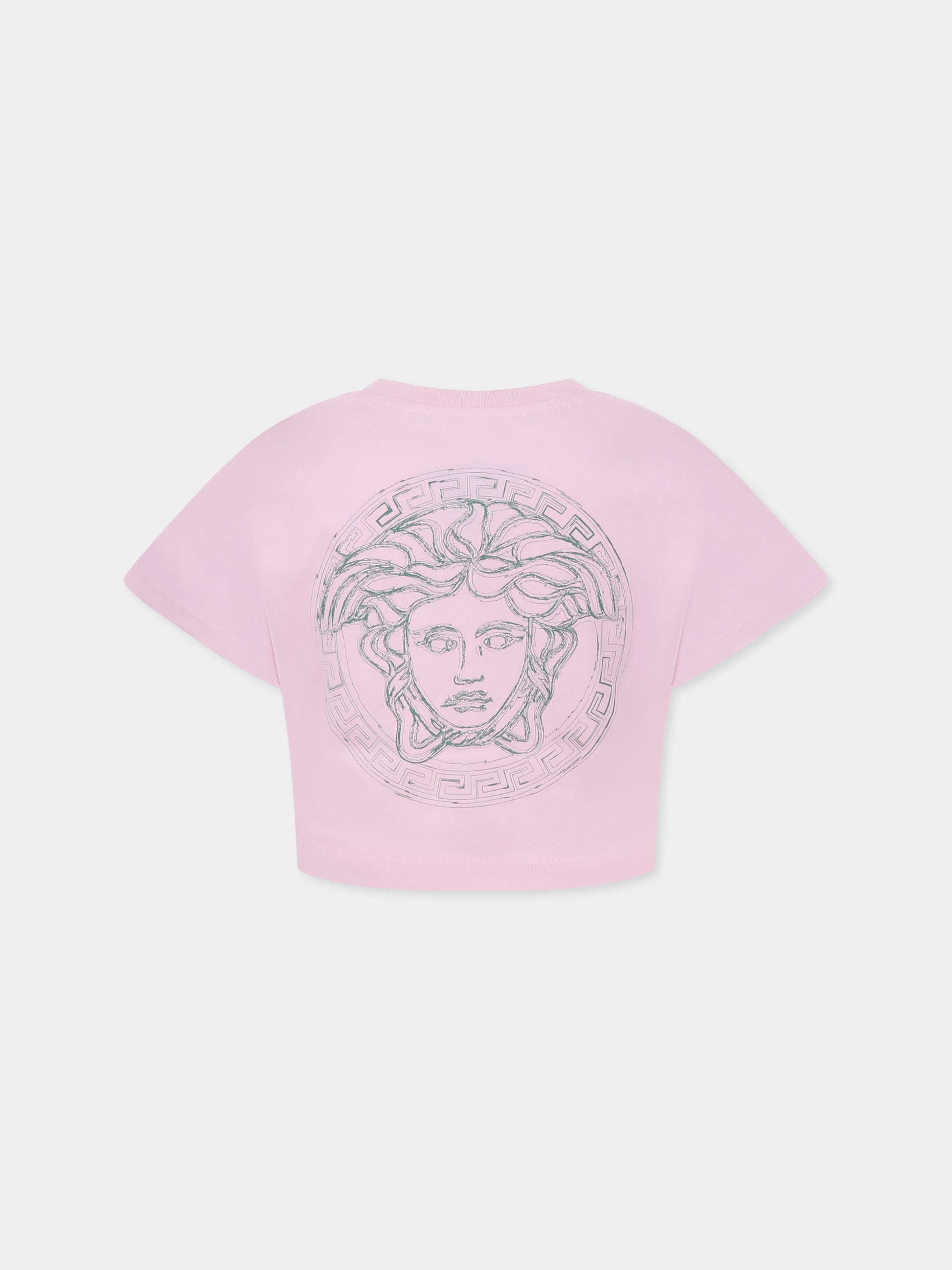 T-shirt crop rosa per bambina con logo e Medusa,Versace,1018184 1A13083 2PX10