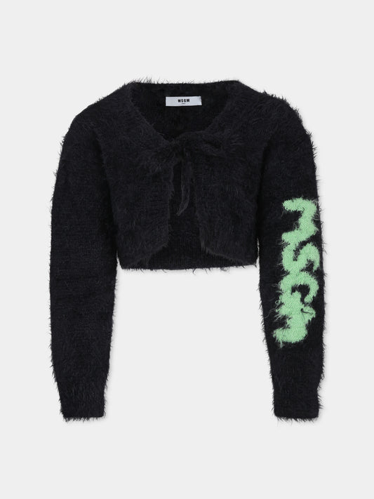 Cardigan crop nero per bambina con logo,Msgm Kids,F3MSJGCA093 110