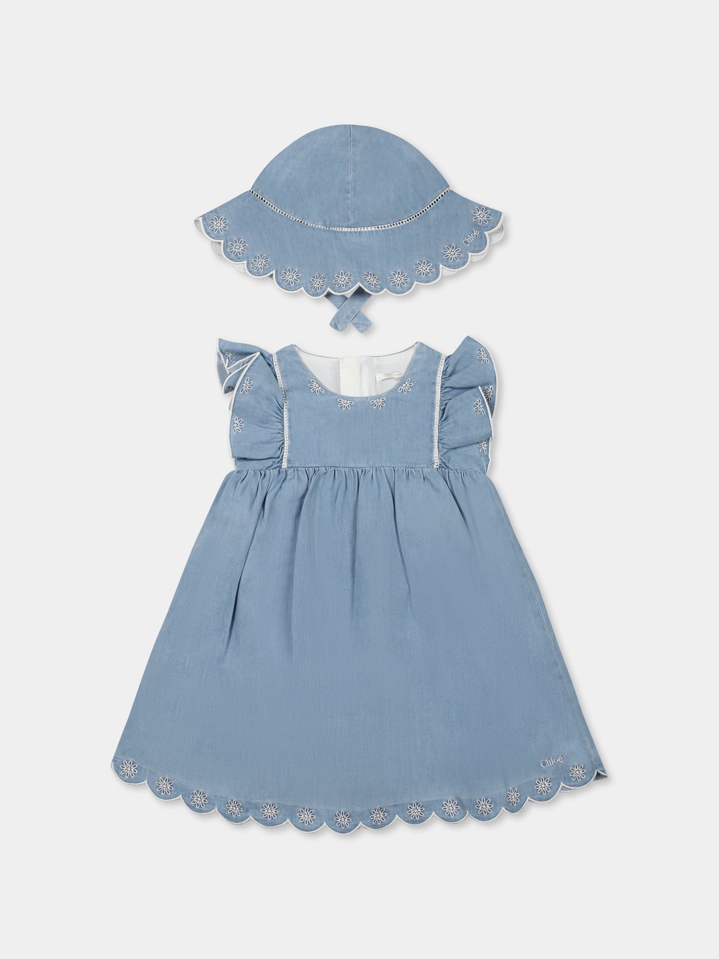 Vestito denim per neonata con logo e fiori,Chloé Kids,C20420 Z77