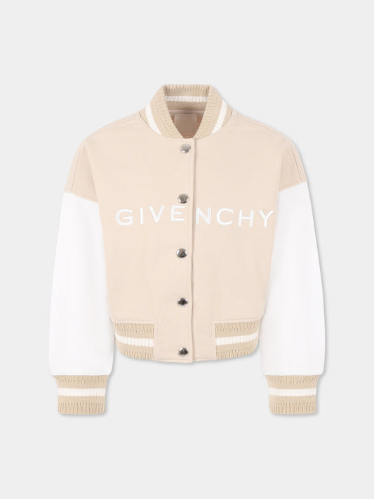 Beige crop bomber jacket for girl with logo