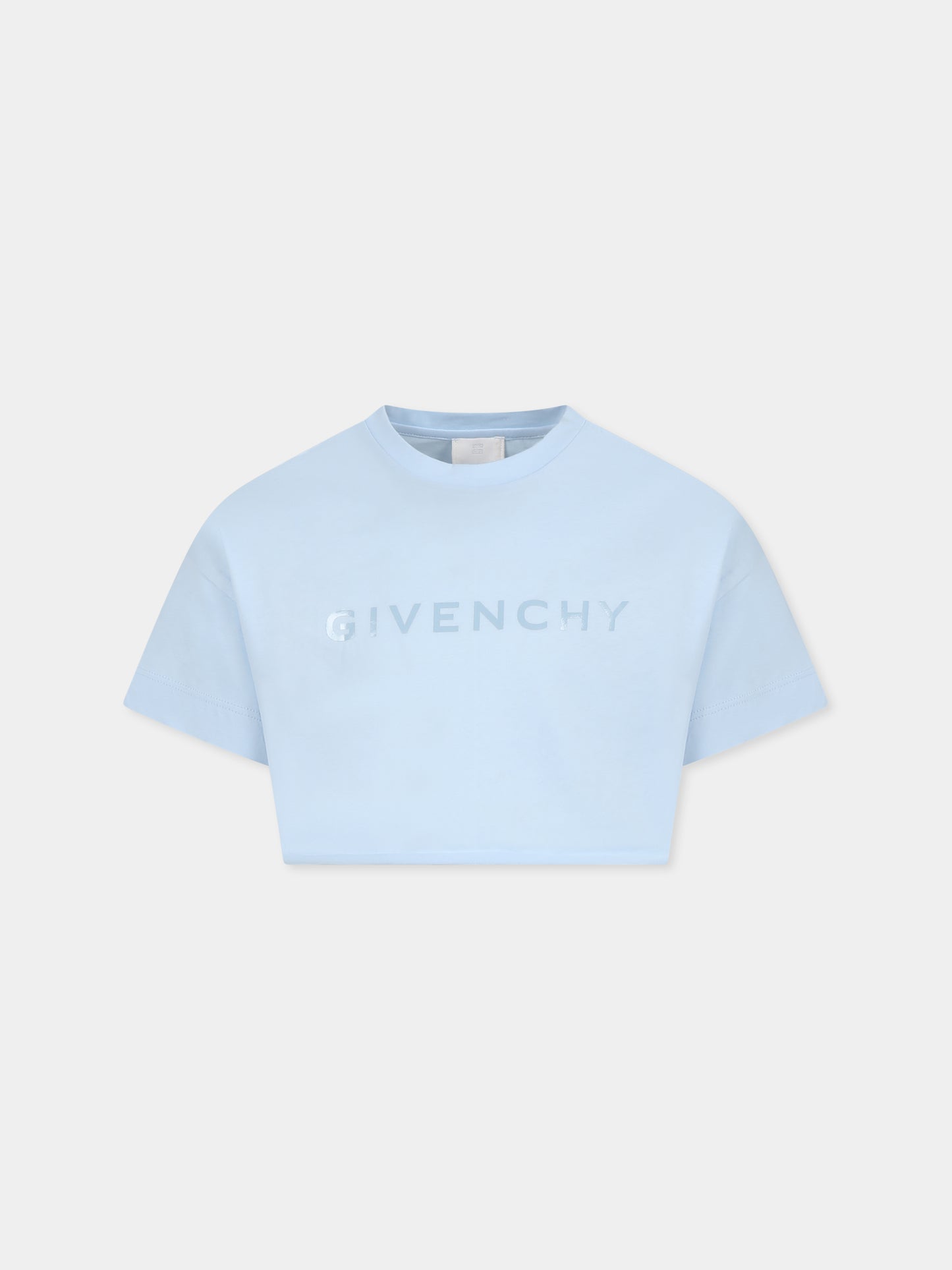 T-shirt crop celeste per bambina con logo,Givenchy Kids,H30798 772