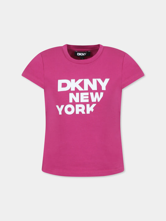 T-shirt fucsia per bambina con logo e scritta,Dkny,D62304 469