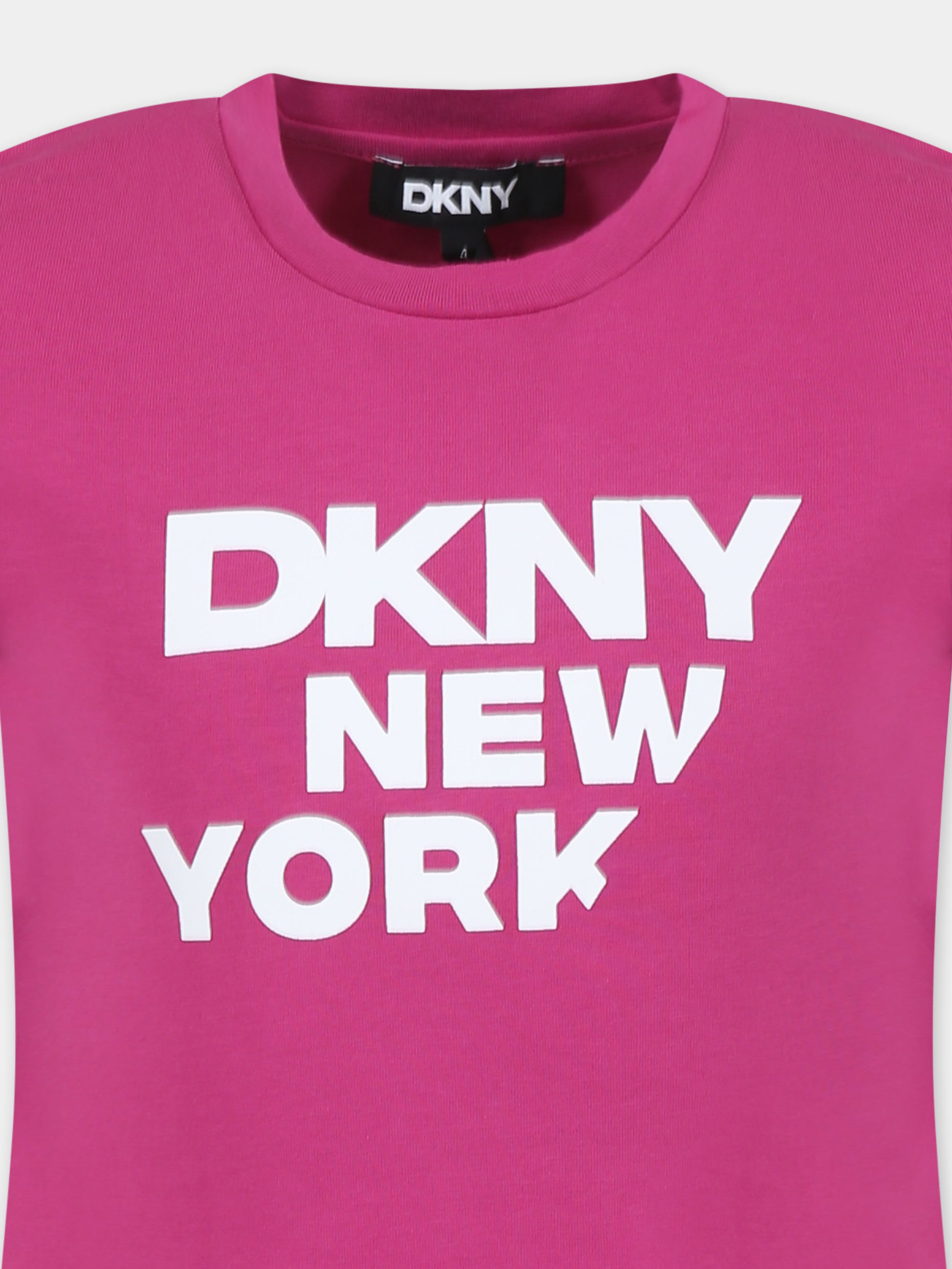 T-shirt fucsia per bambina con logo e scritta,Dkny,D62304 469