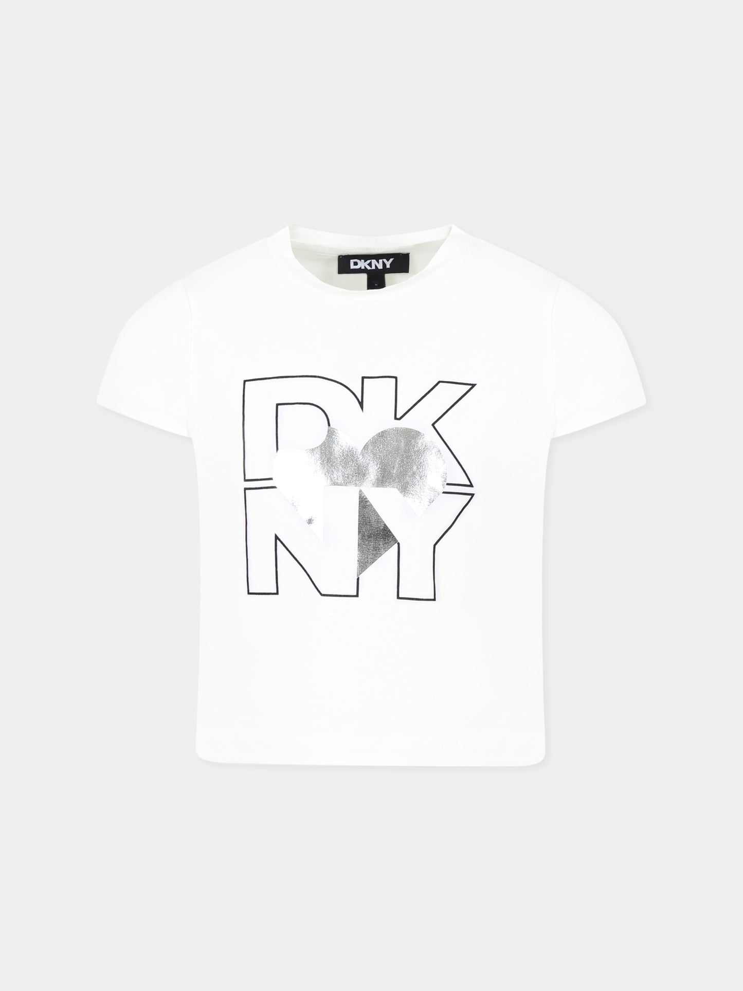 T-shirt bianca per bambina con logo e cuore,Dkny,D62305 016