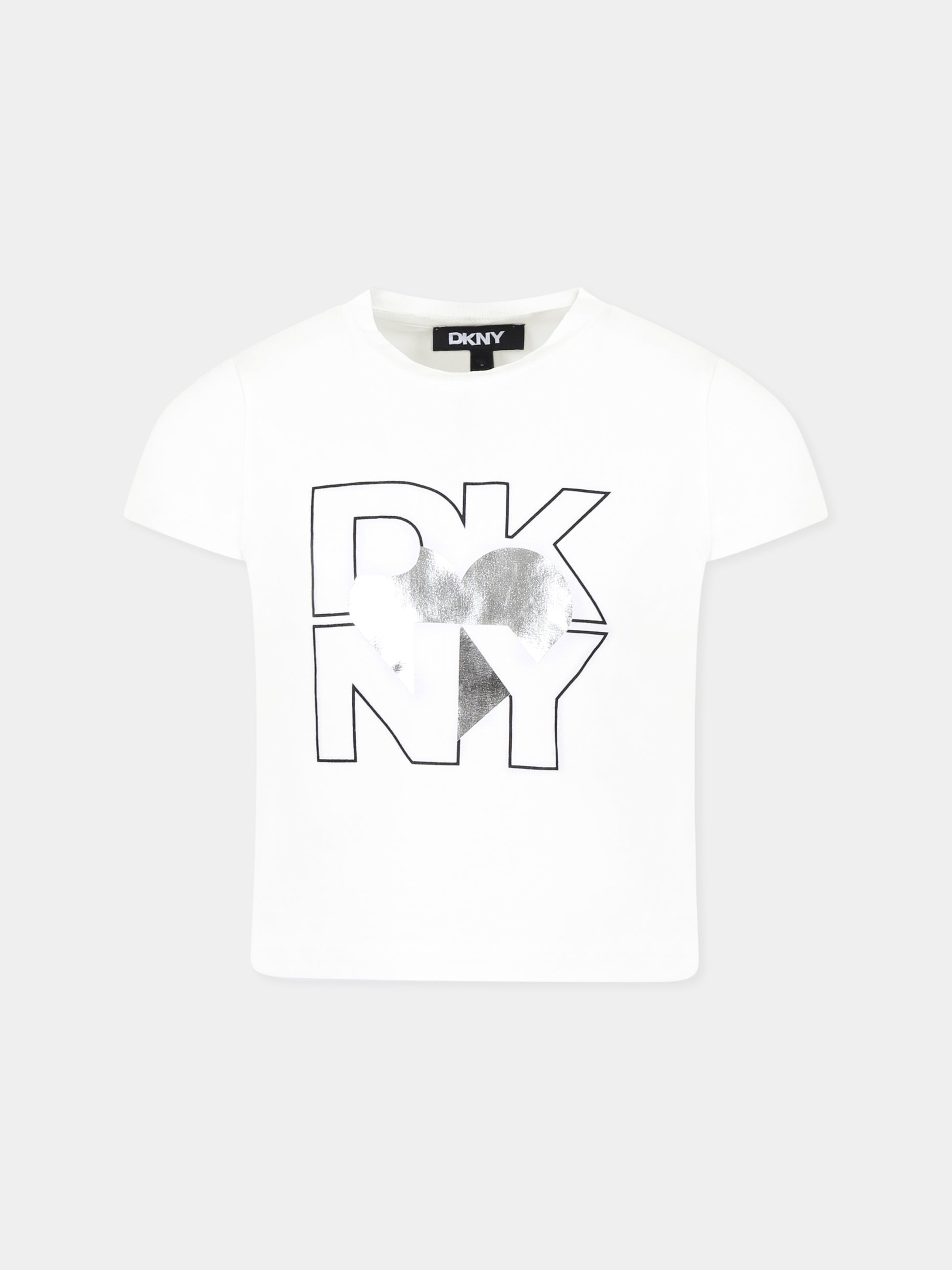 T-shirt bianca per bambina con logo e cuore,Dkny,D62305 016