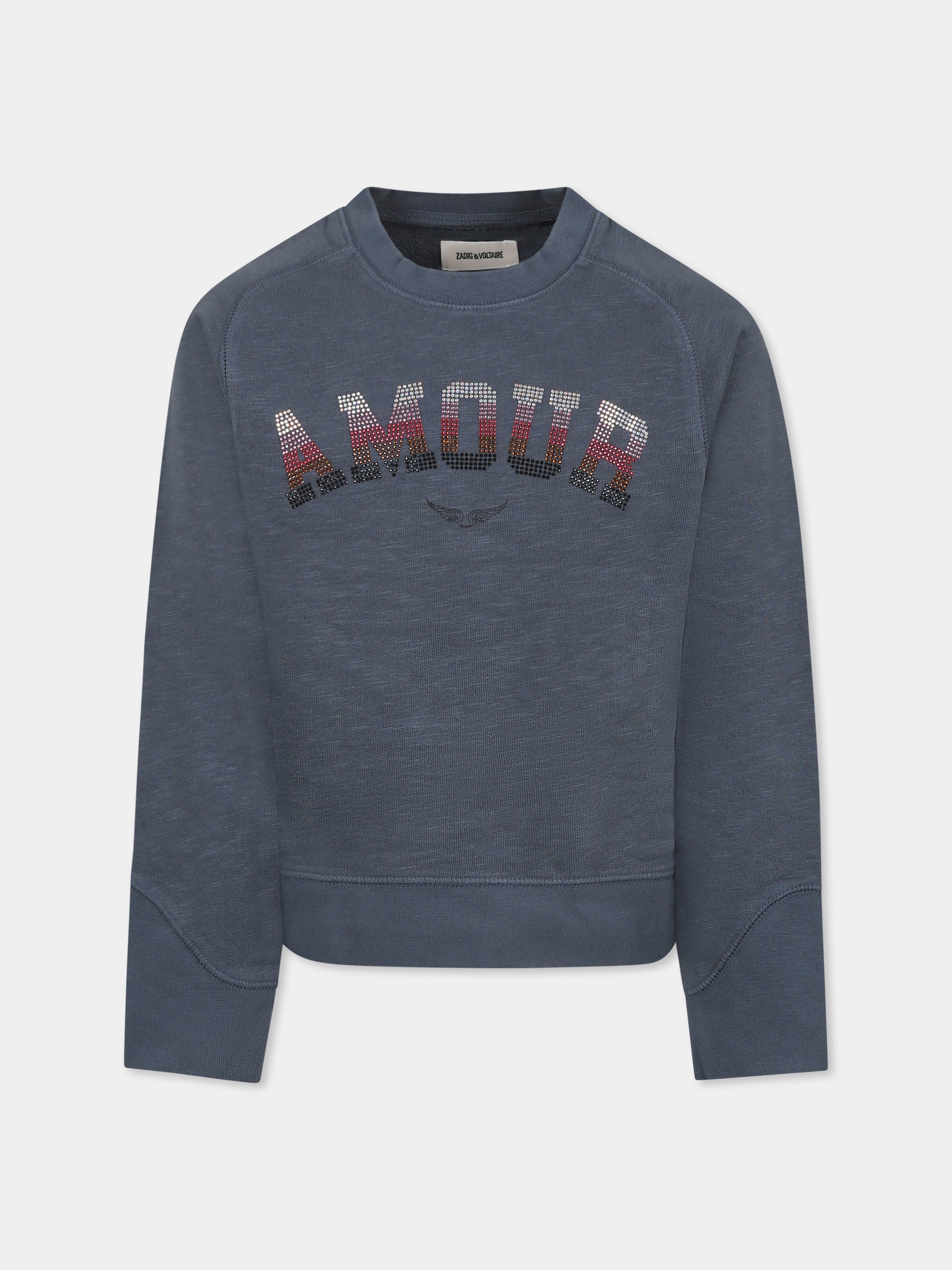 Felpa grigia per bambina con scritta e strass,Zadig & Voltaire Kids,X60323 033