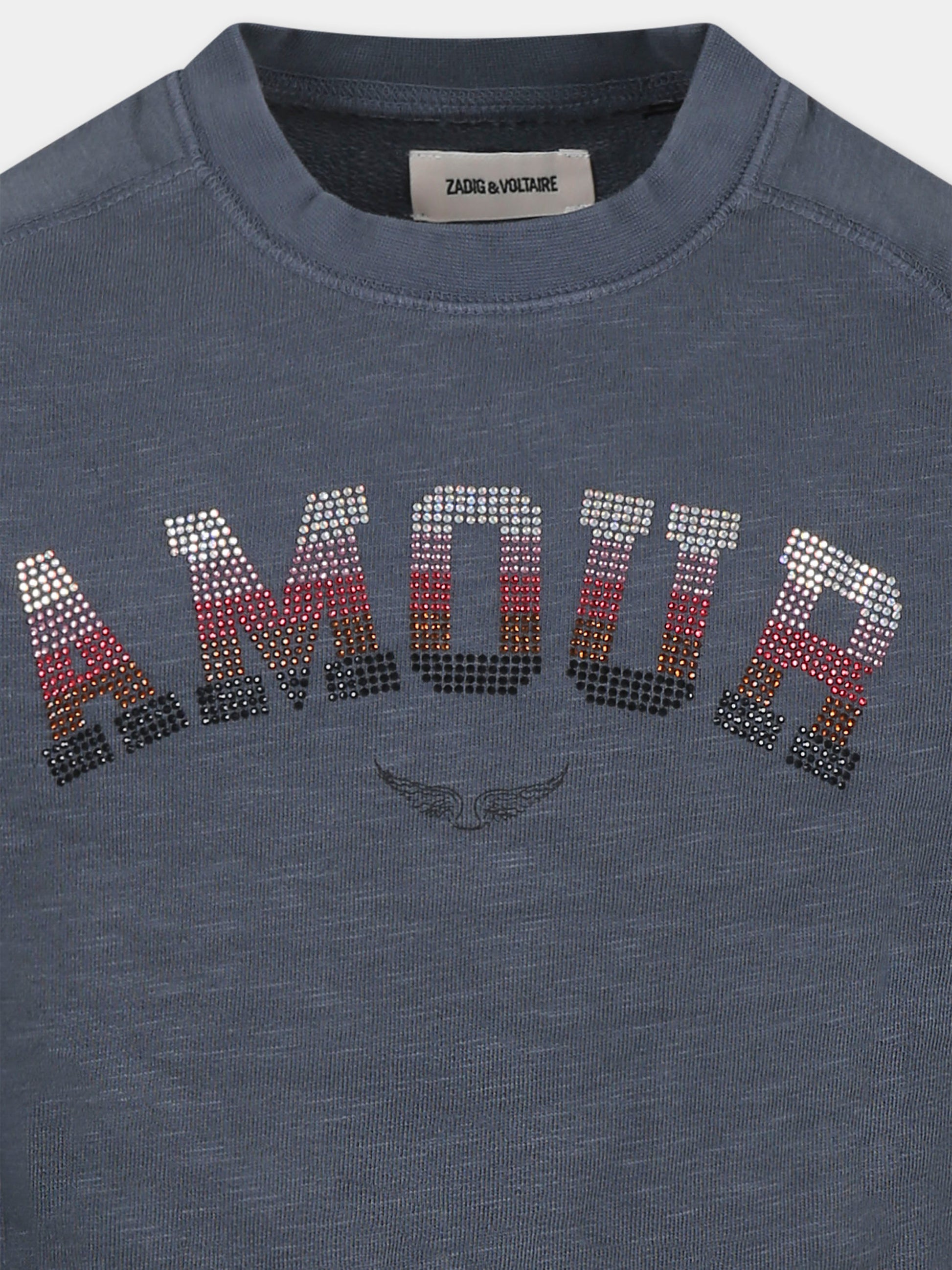 Felpa grigia per bambina con scritta e strass,Zadig & Voltaire Kids,X60323 033