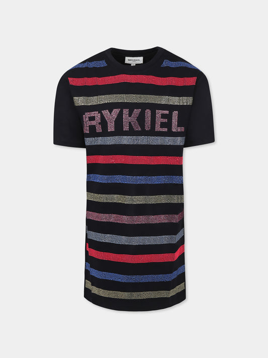 Vestito nero per bambina con logo e strass,Sonia Rykiel Paris,A00269 09B