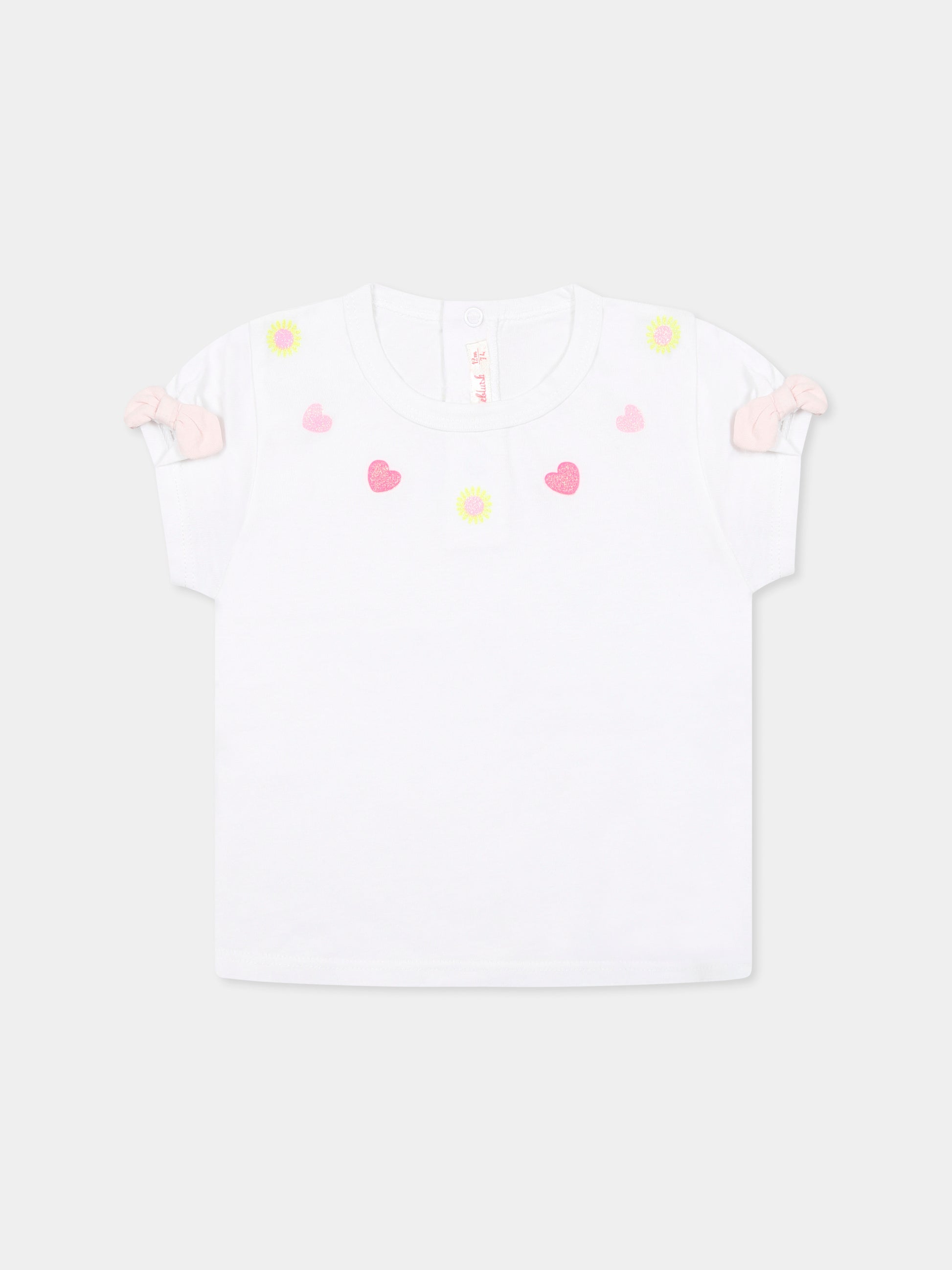 T-shirt bianca per neonata con cuori e fiori,Billieblush,U21105 10P