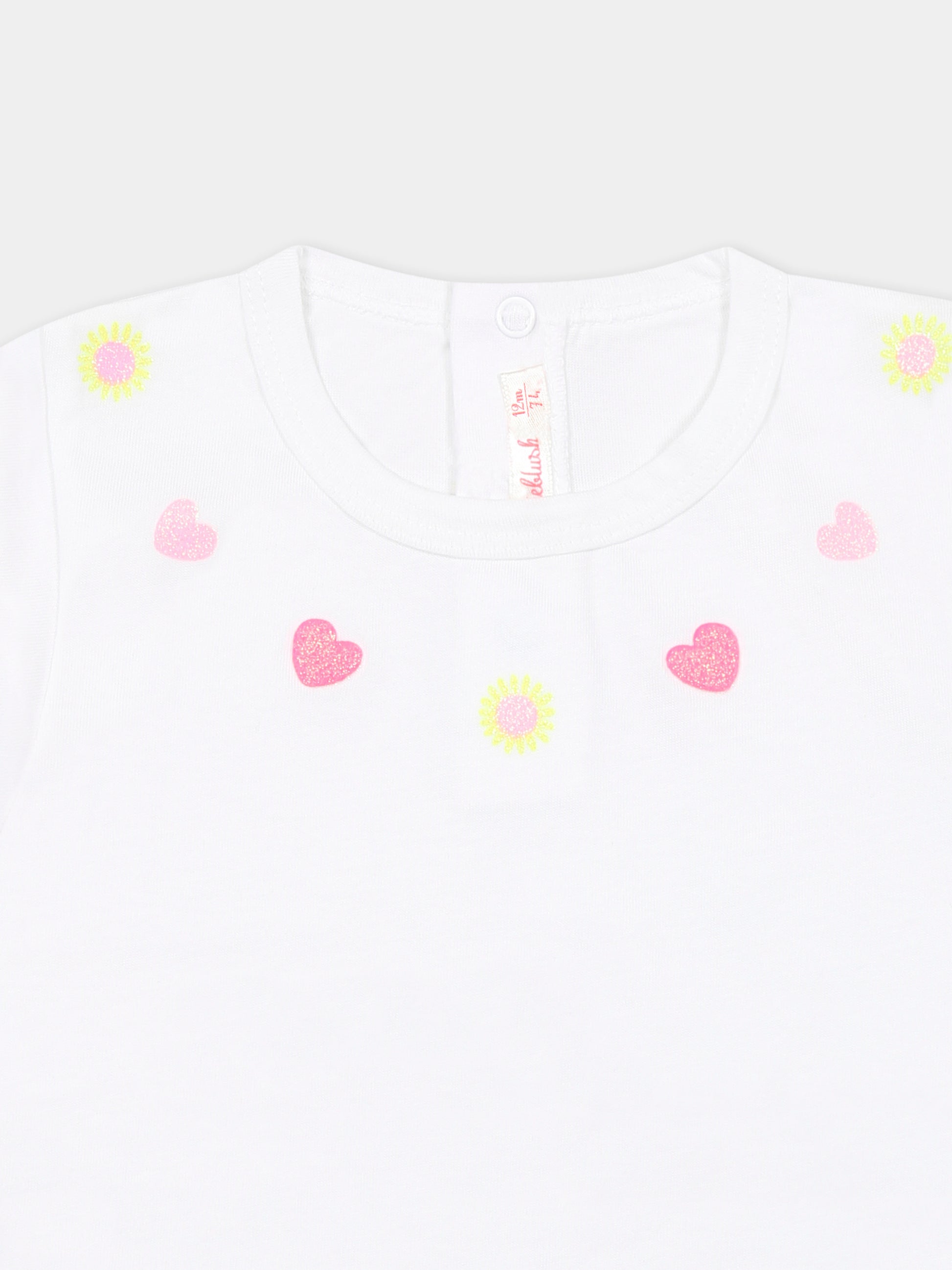 T-shirt bianca per neonata con cuori e fiori,Billieblush,U21105 10P