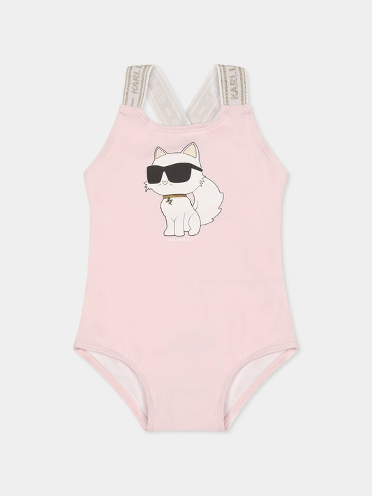 Pink swimsuit for baby girl with Choupette