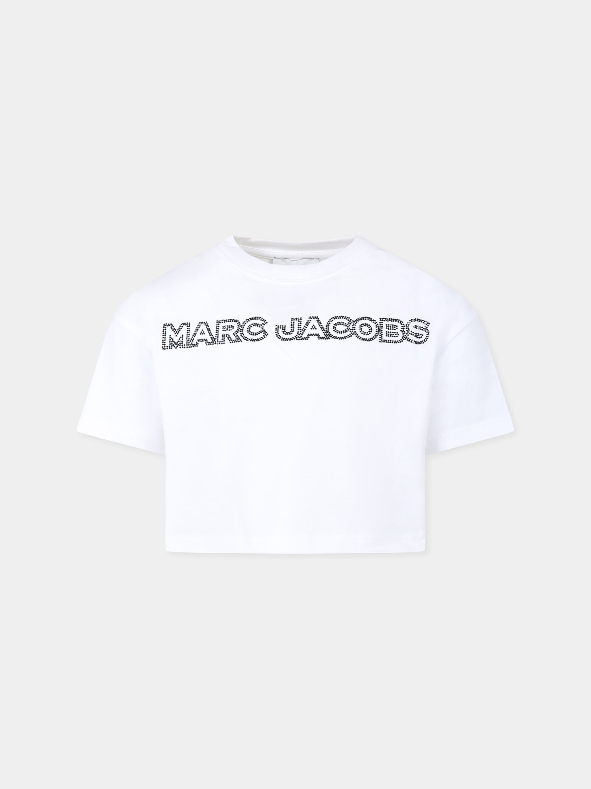 T-shirt crop bianca per bambina con logo e strass,Marc Jacobs,W60461 10P