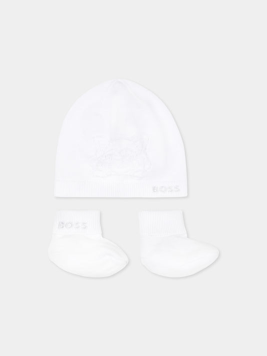White accessory set for baby boy with logo