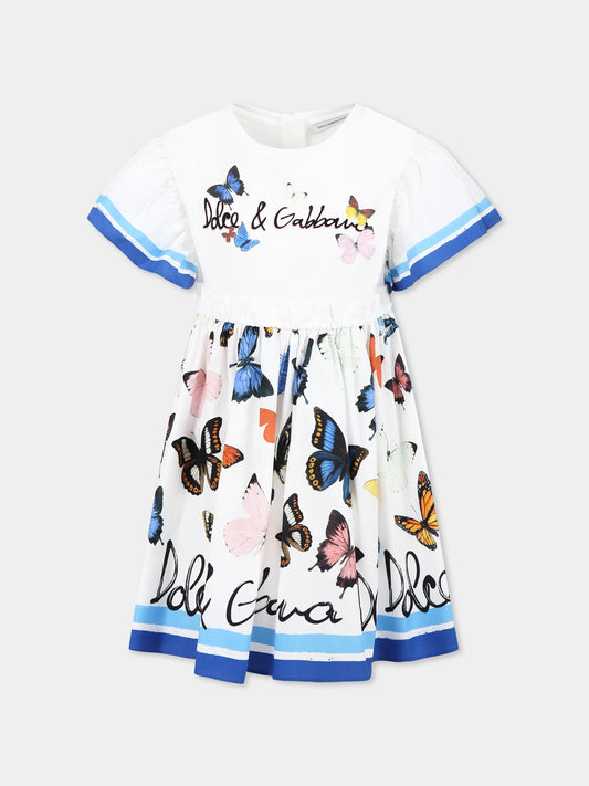 Vestito bianco per bambina con logo e farfalle,Dolce & Gabbana Kids,L5JD9P G7O0M S9000