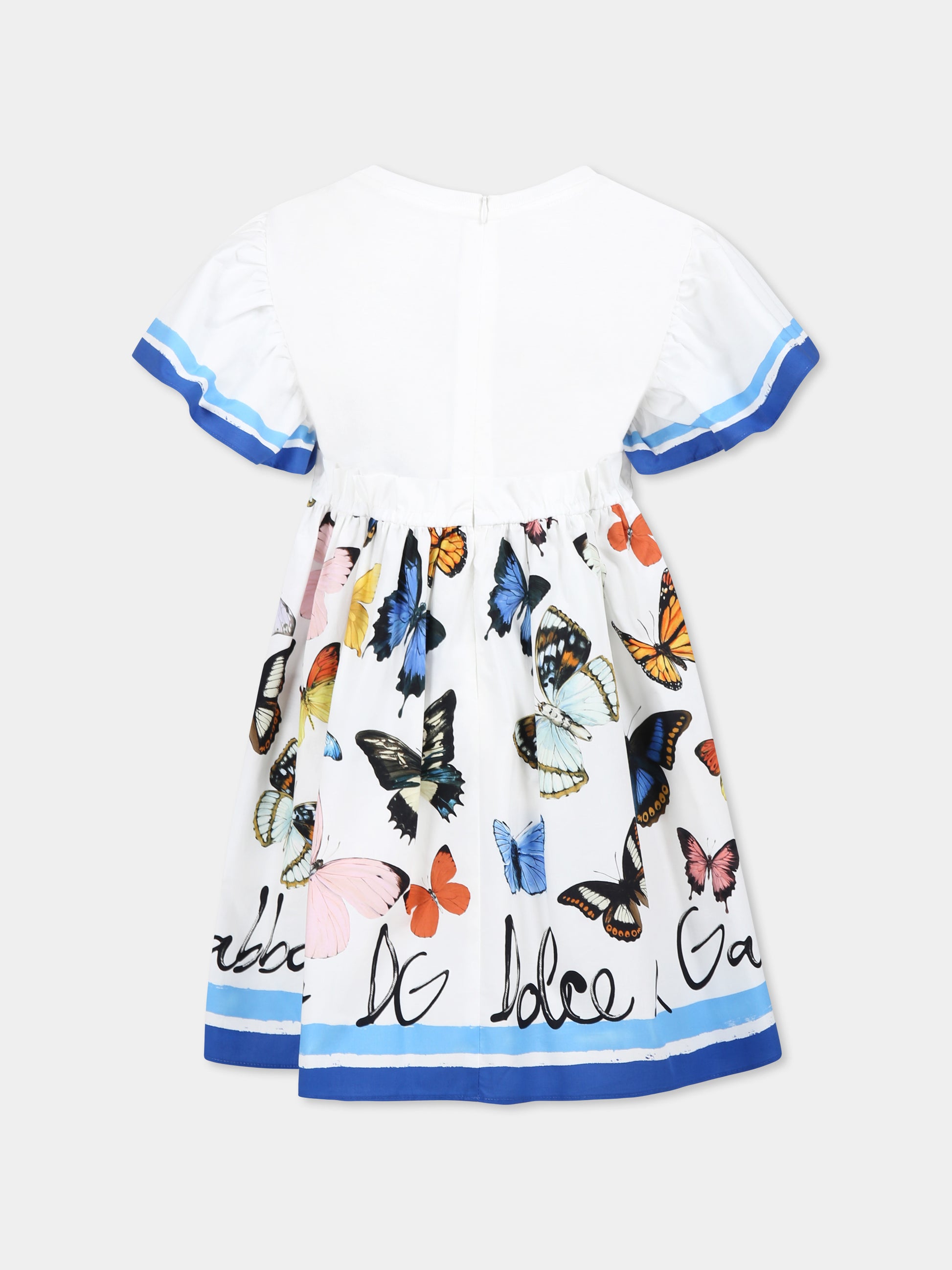 Vestito bianco per bambina con logo e farfalle,Dolce & Gabbana Kids,L5JD9P G7O0M S9000