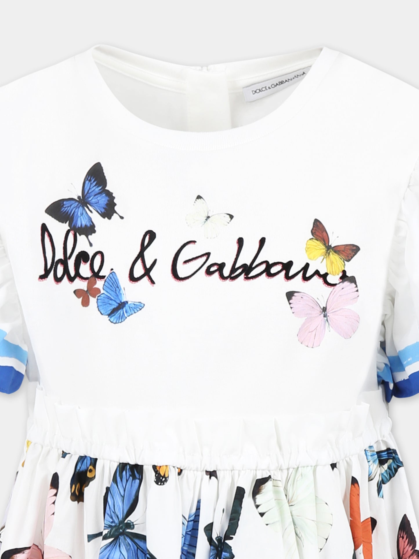 Vestito bianco per bambina con logo e farfalle,Dolce & Gabbana Kids,L5JD9P G7O0M S9000